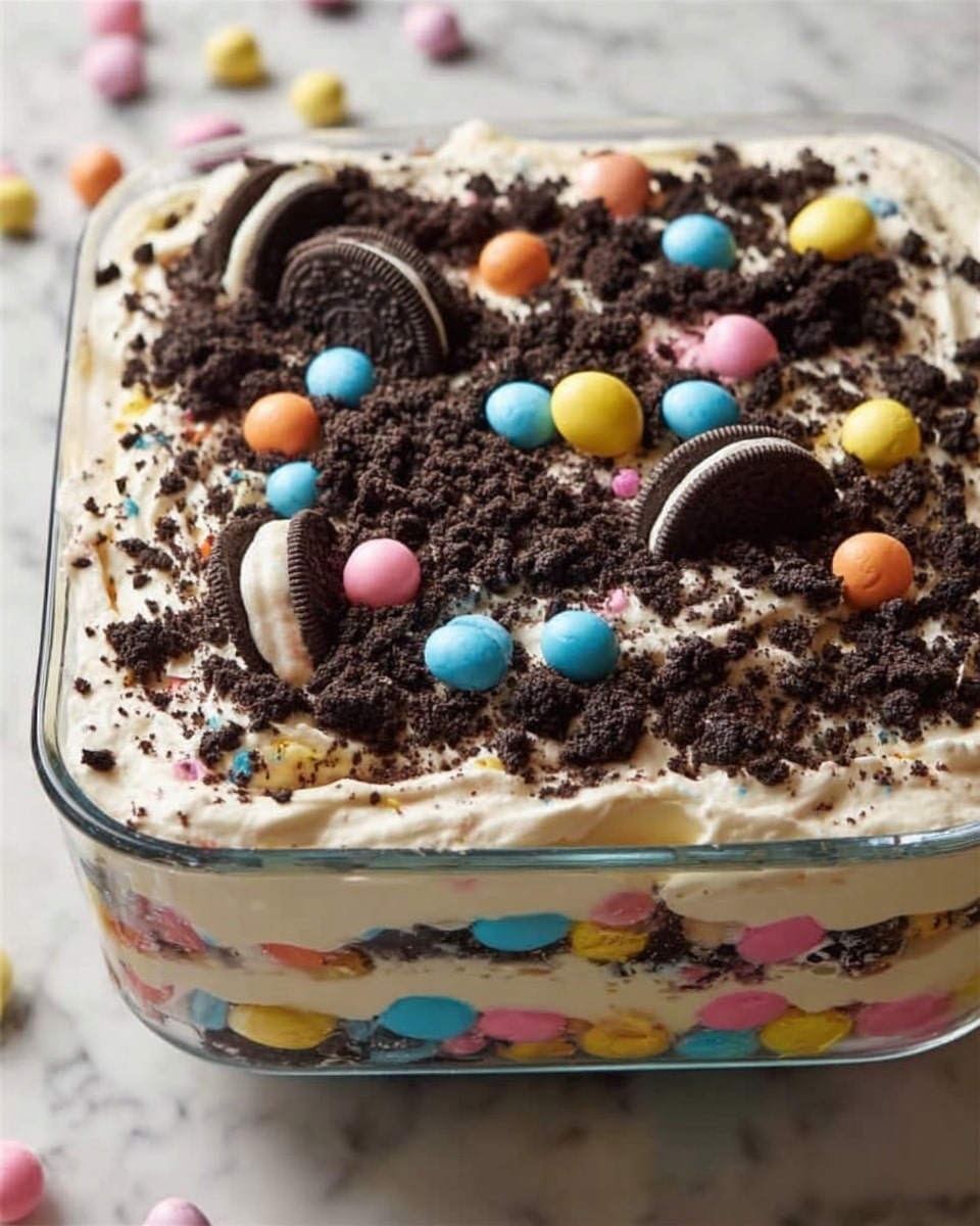 A square glass dish filled with a layered dessert is shown on a white marbled surface. The bottom layer is a colorful mix of small, round candies in pastel blue, pink, yellow, and orange. Above this is a visible layer of dark cookie crumbs mixed with cream. The top layer is thick white cream spread evenly and decorated with more dark cookie crumbs, a few mini chocolate sandwich cookies, and scattered pastel candy-coated chocolates in various colors like blue, yellow, pink, and orange. The dessert looks rich and creamy with a mix of smooth and crunchy textures. Photo taken with an iphone --ar 4:5 --v 7
