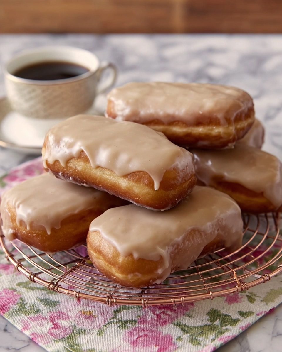 Five rectangular fritters with a smooth, shiny light brown glaze cover the top and slightly drip down the sides, showing a golden-brown fried dough base underneath. They are stacked unevenly on a round copper cooling rack, which sits on a floral cloth with soft pink and green flower patterns. In the background, there is a white cup and saucer filled with dark coffee, placed on a wooden table. The entire scene is set on a white marbled texture surface. photo taken with an iphone --ar 4:5 --v 7