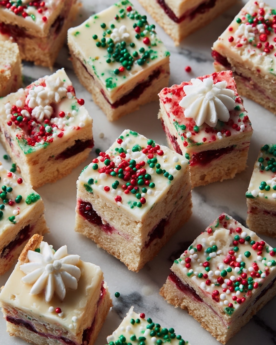 The image shows many square dessert bars arranged on a surface with a white marbled texture. Each bar has three layers: a bottom tan cookie-like base, a middle jam layer with red and green colors, and a top creamy pale yellow layer covered with red, green, and white round sprinkles. Some bars have added white cream frosting in small flower shapes on top, also decorated with sprinkles. The bars are cut evenly and scattered randomly, with some pieces showing a side view of all three layers. Photo taken with an iphone --ar 4:5 --v 7
