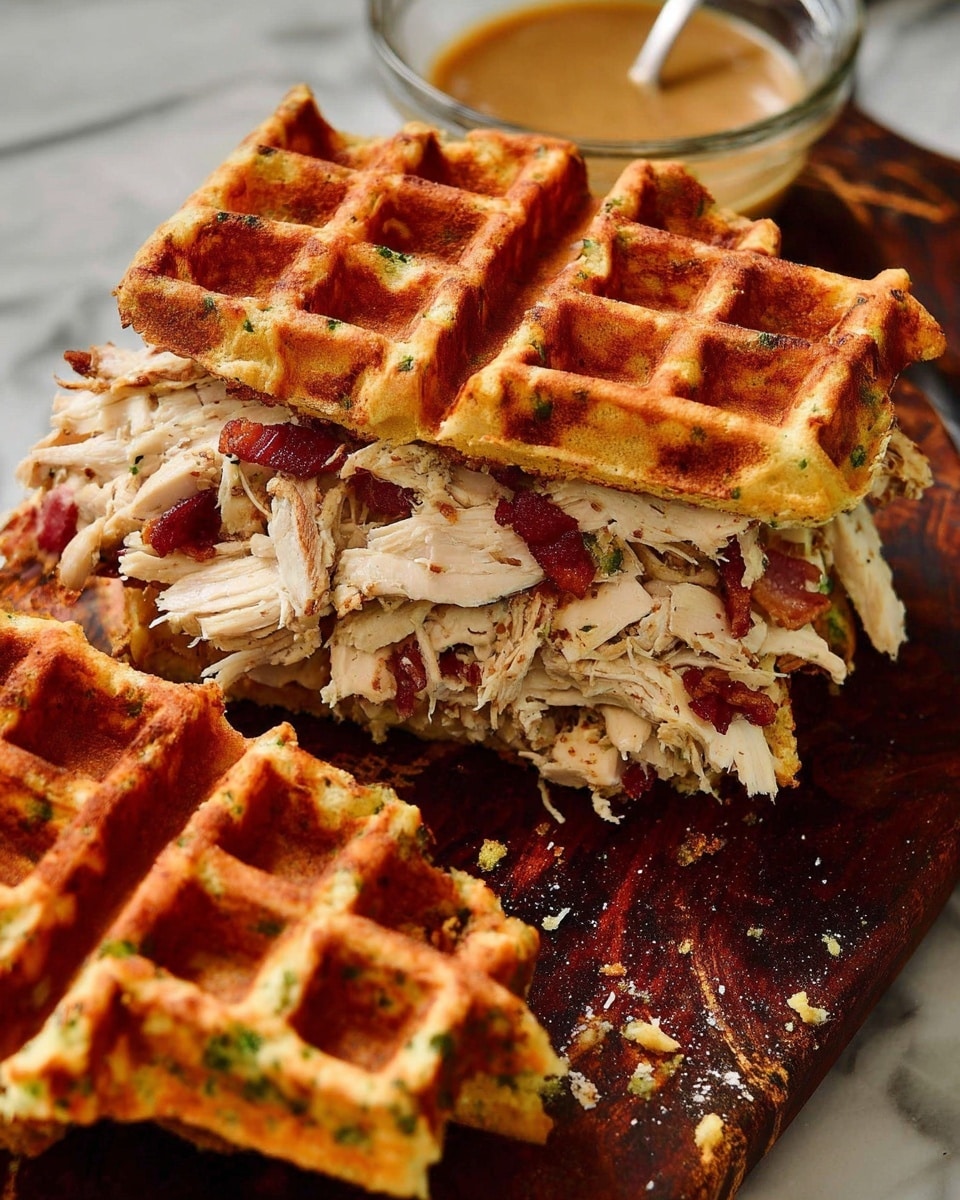 The image shows a close-up of a sandwich made with two crispy, golden-brown waffles as the bread, each waffle having a slightly uneven texture with visible bits of green herbs baked in. Inside the sandwich are shredded white meat pieces layered generously, mixed with small bits of red bacon, creating a contrast between the pale meat and the deep red bacon. The sandwich is cut diagonally, revealing the layers clearly, and is placed on a rustic dark wooden board with some crumbs scattered around. In the background, there is a small glass bowl of light brown dipping sauce. The entire scene is set on a white marbled textured surface. photo taken with an iphone --ar 4:5 --v 7