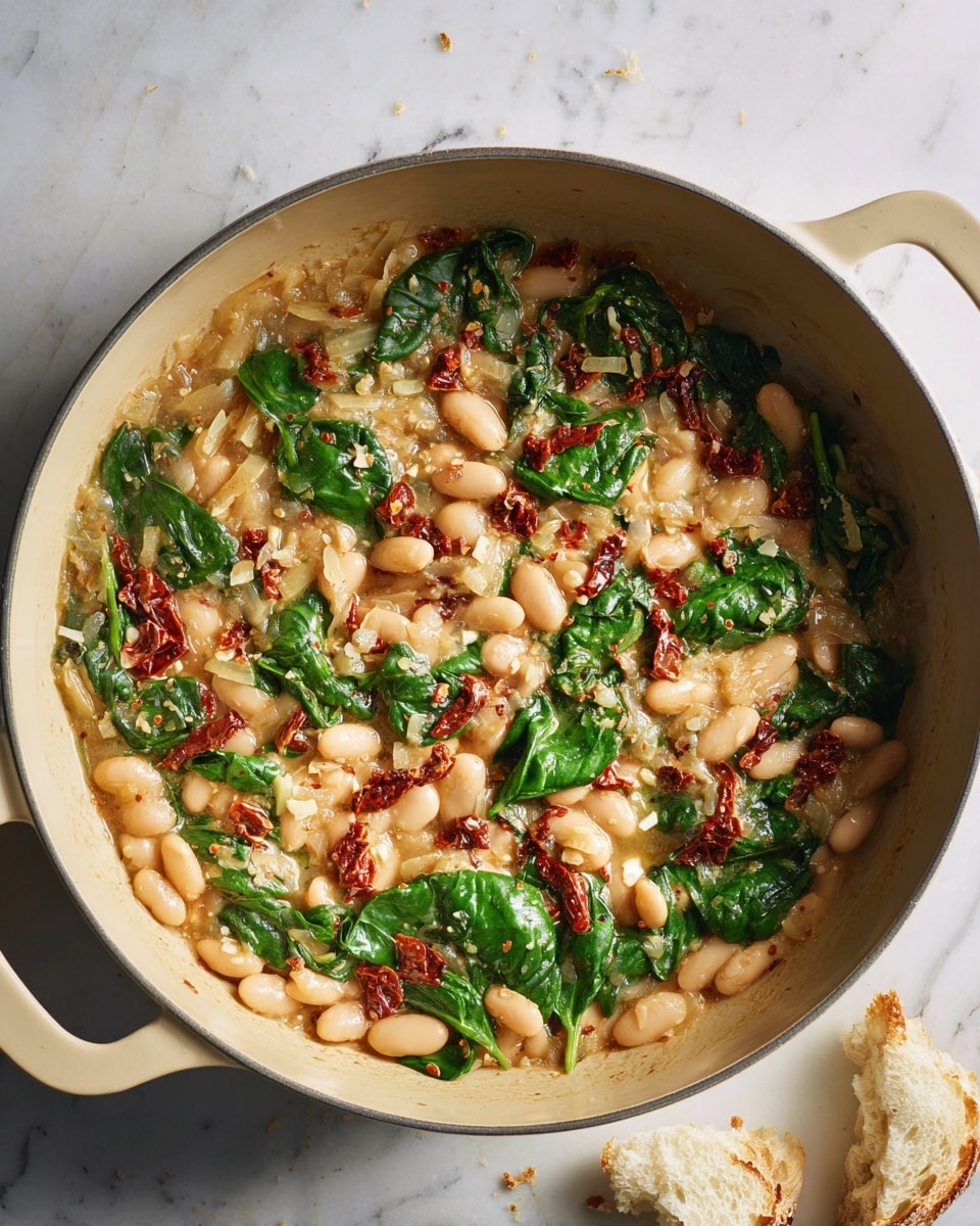 A deep beige pan filled with a creamy mixture of white beans, dark green wilted spinach leaves, and small pieces of red sun-dried tomatoes, all mixed with translucent cooked onions and a light sauce that coats the ingredients evenly. The pan sits on a white marbled surface with two small torn pieces of bread beside it, showing a soft inside and a light brown crust. The pan has sturdy handles on either side, framing the hearty, colorful dish inside. photo taken with an iphone --ar 4:5 --v 7
