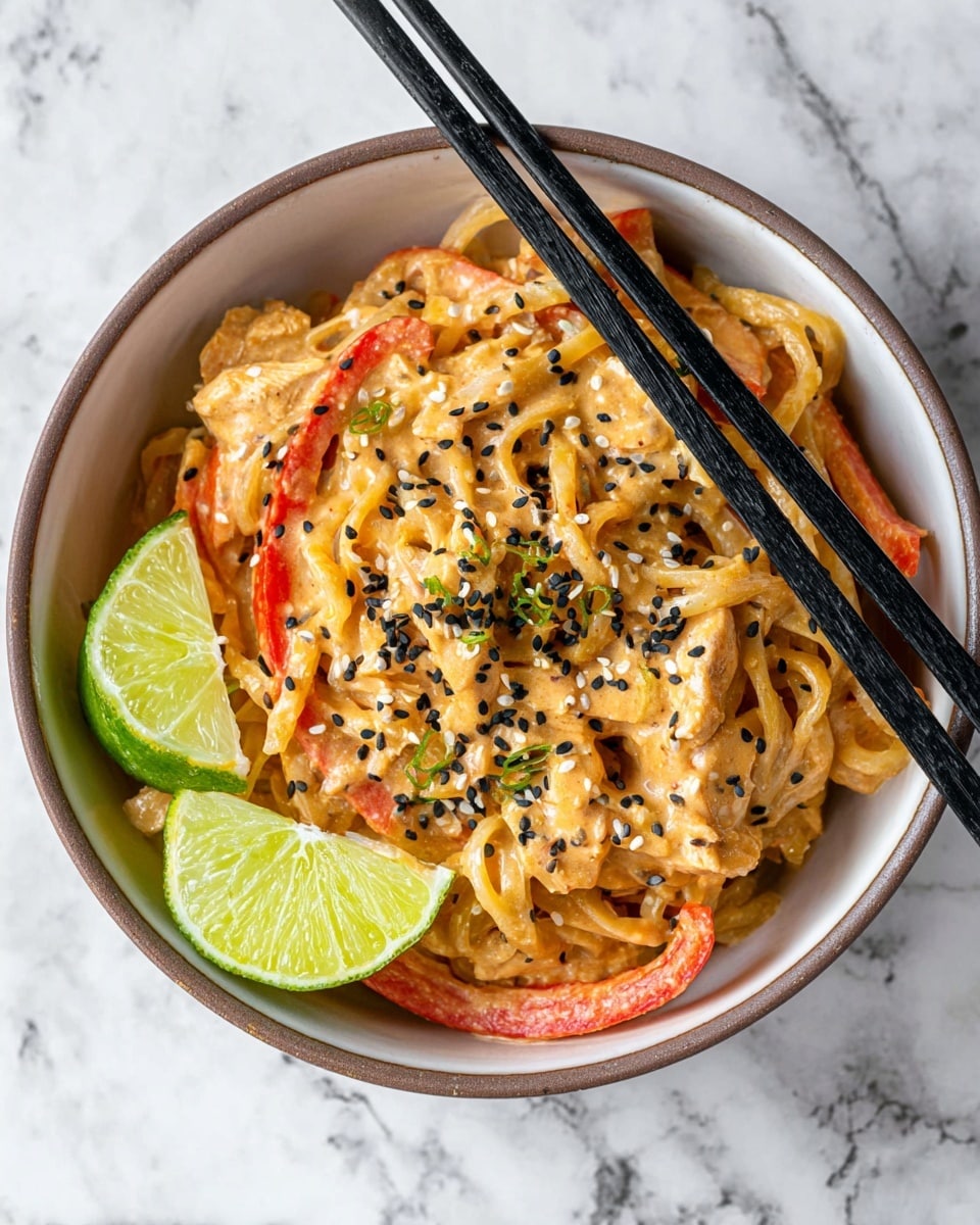 A skillet filled with a creamy orange-colored sauce mixed with light brown chicken strips, flat white noodles, and long strips of bright red bell pepper, topped with a sprinkle of black and white sesame seeds. Two green lime wedges rest on top of the noodles near the edge of the skillet. The skillet sits on a wooden board placed on a white marbled surface with two lime wedges and a grey cloth nearby. Photo taken with an iphone --ar 4:5 --v 7