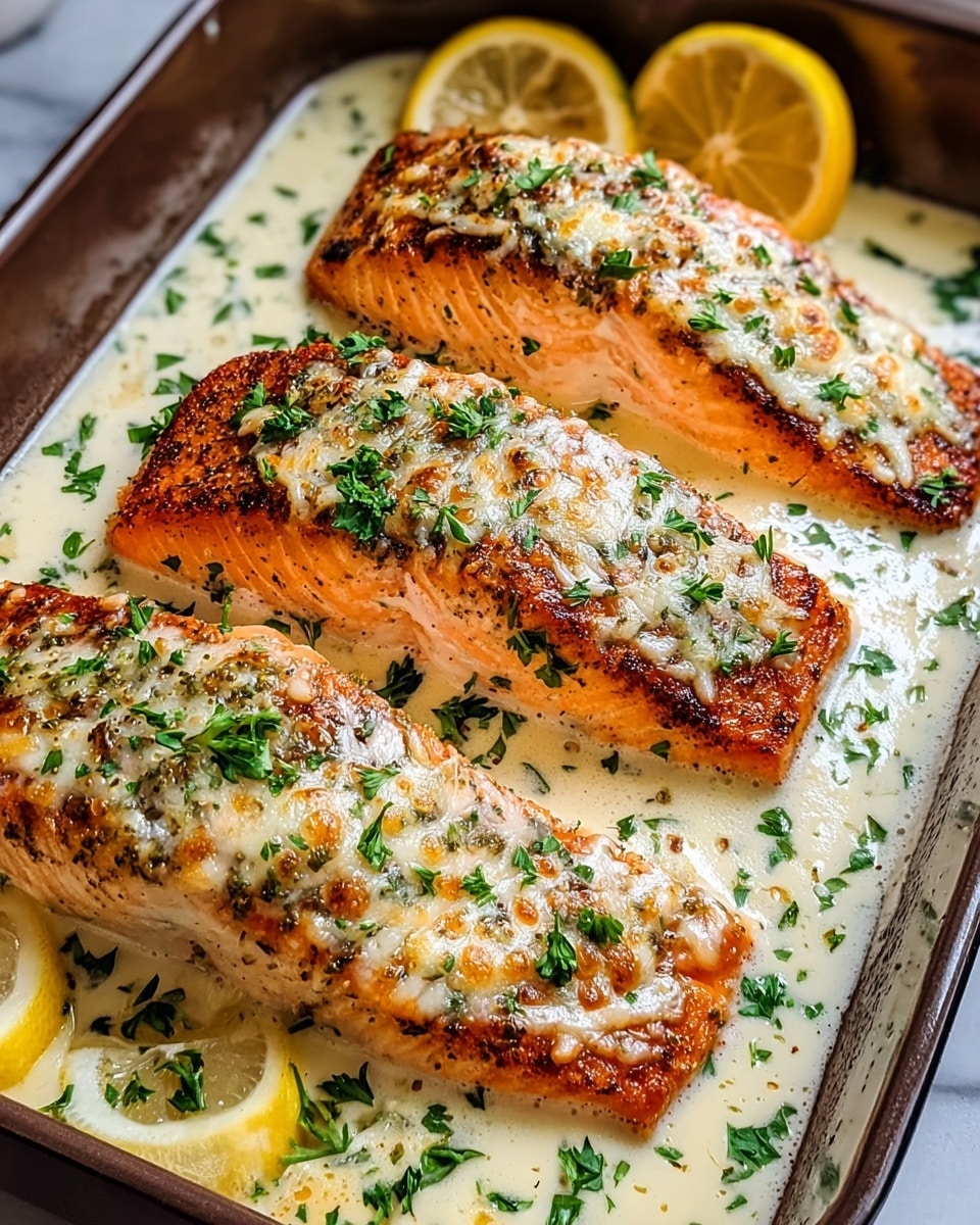 Three thick salmon fillets are arranged side by side in a baking dish filled with a creamy white sauce. Each fillet has a golden brown seared crust topped with melted cheese that is bubbly and slightly browned in spots. Fresh green parsley pieces are sprinkled over the salmon and sauce. Two lemon wedges with bright yellow skin rest in the back corner of the dish. The scene is set on a white marbled surface. photo taken with an iphone --ar 4:5 --v 7