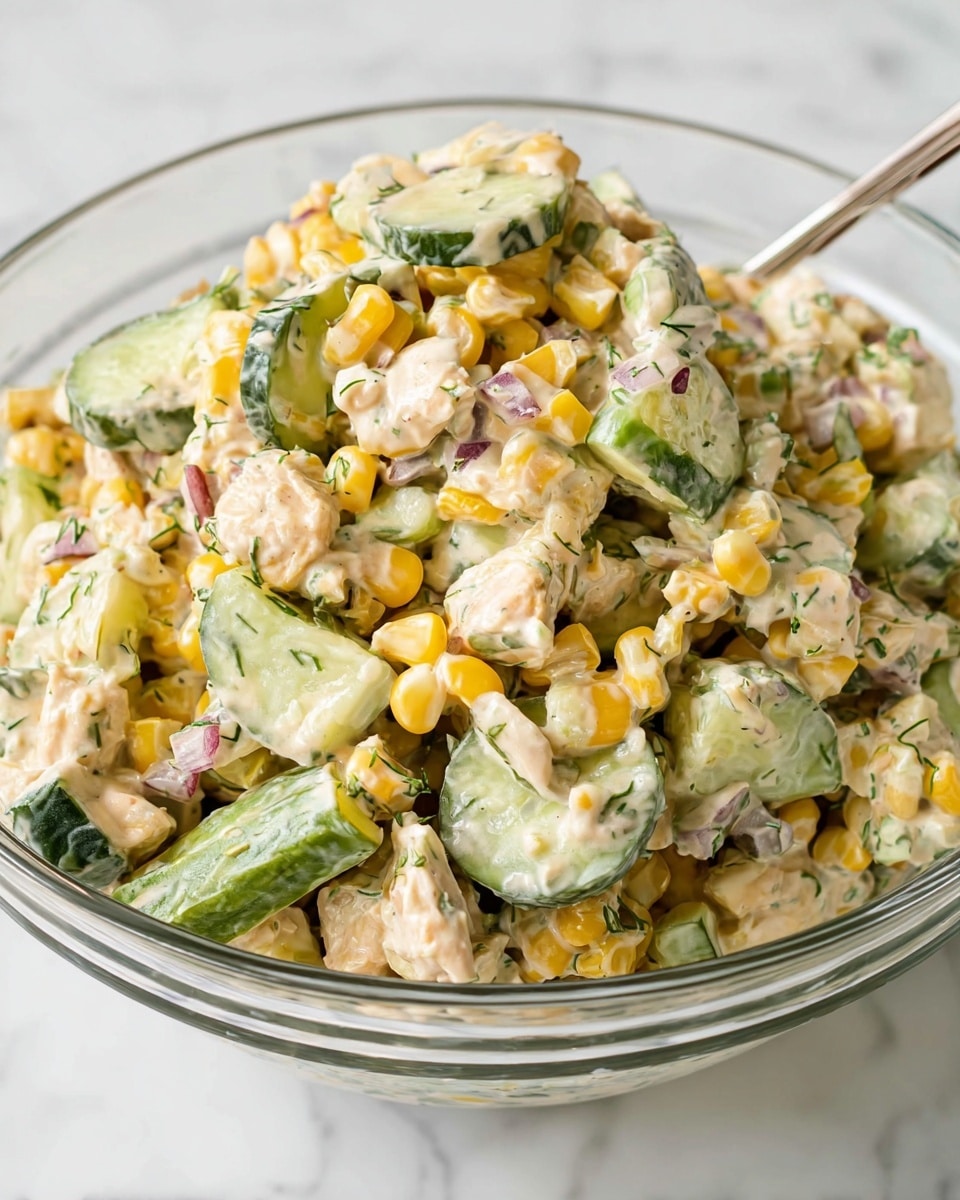 A clear glass bowl filled with a creamy salad consisting of several layers mixed together: bright yellow corn kernels, green cucumber slices cut into half-moons and sticks, small pieces of white chicken, and tiny bits of red onion and green herbs sprinkled throughout. The creamy dressing lightly coats all ingredients giving the mix a soft, pale beige color in some spots, while the fresh vegetables and chicken pieces add vibrant pops of green, yellow, and white. The bowl sits on a white marbled surface. photo taken with an iphone --ar 4:5 --v 7