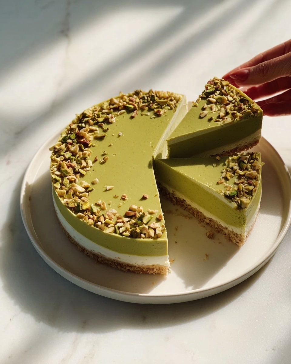 The image shows a round cake with three slices cut out and one slice slightly pulled away. The cake has three layers: a light brown bottom layer with a crumbly texture, a thin white middle layer, and a thick green top layer that looks smooth and creamy. The green layer is topped with small crushed pieces of nuts mainly around the edges, giving a crunchy look. The cake sits on a white plate on a white marbled surface. A woman's hand is reaching toward the cake as soft natural light creates gentle shadows. Photo taken with an iphone --ar 4:5 --v 7