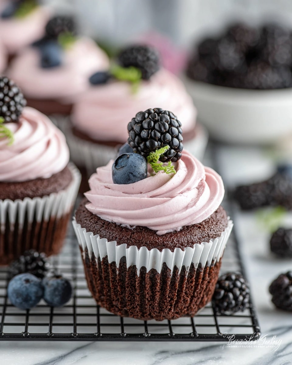 A close-up image showing chocolate cupcakes with three layers: the bottom is a dark brown, moist chocolate cake in white paper liners; the middle is a thick swirl of light pink, creamy frosting with a soft, smooth texture; the top layer features a single blackberry and a blueberry, both fresh and plump, along with a small green garnish. The cupcakes are arranged on a black wire cooling rack placed on a white marbled surface, with more blackberries scattered around and a blurred white bowl of blackberries in the background. Photo taken with an iphone --ar 4:5 --v 7