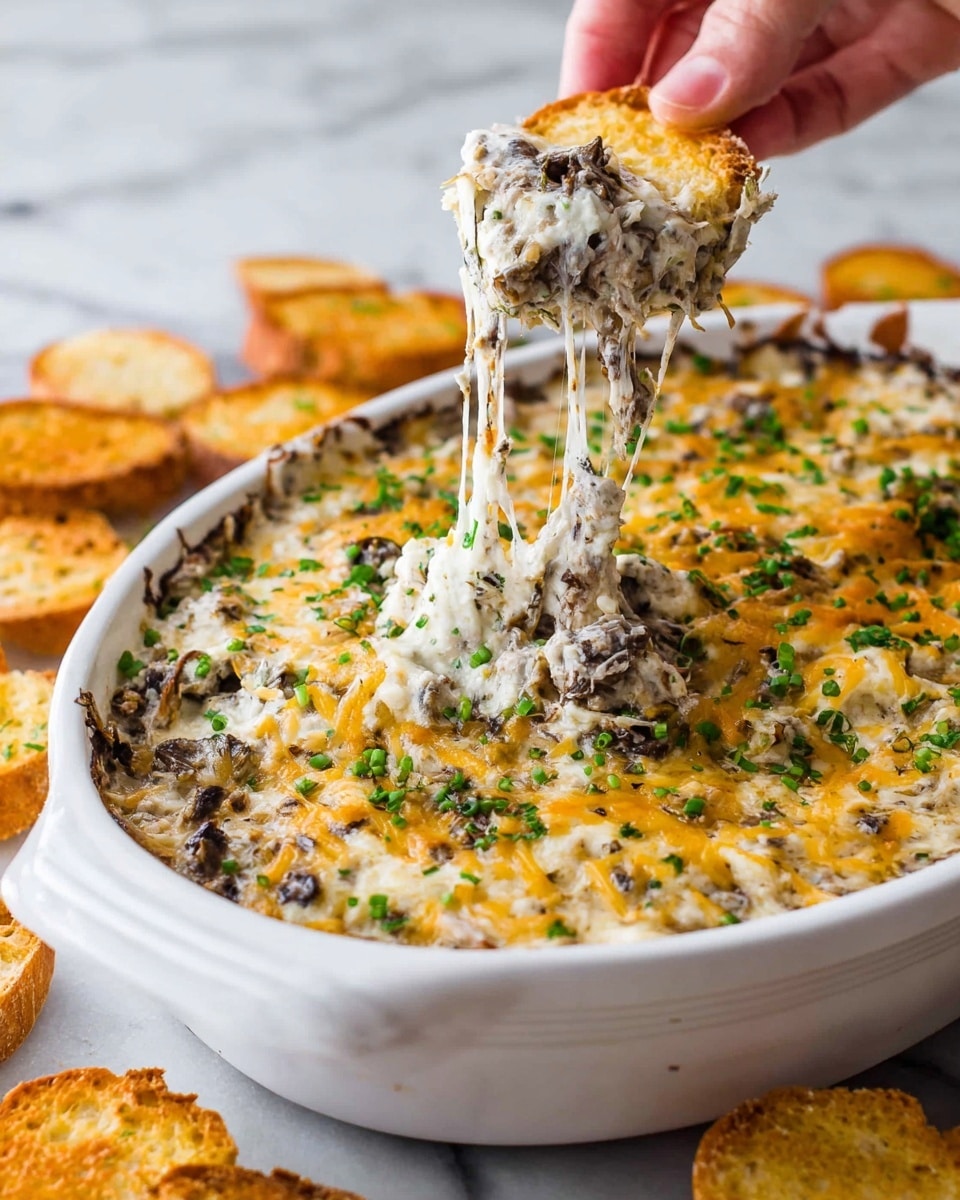 A white oval dish filled with a creamy, chunky dip that has three clear layers; the bottom layer is a dark, speckled mix of mushrooms and meat, the middle layer is thick and white, and the top layer is golden melted shredded cheese with green chopped herbs scattered on it. A woman's hand is lifting a scoop of the dip, showing stringy melted cheese stretching between the dish and the scoop. The cheese on top has orange and light yellow tones, with the creamy white and brown mixture visible underneath. There are pieces of toasted bread around the dish on a white marbled surface. Photo taken with an iphone --ar 4:5 --v 7