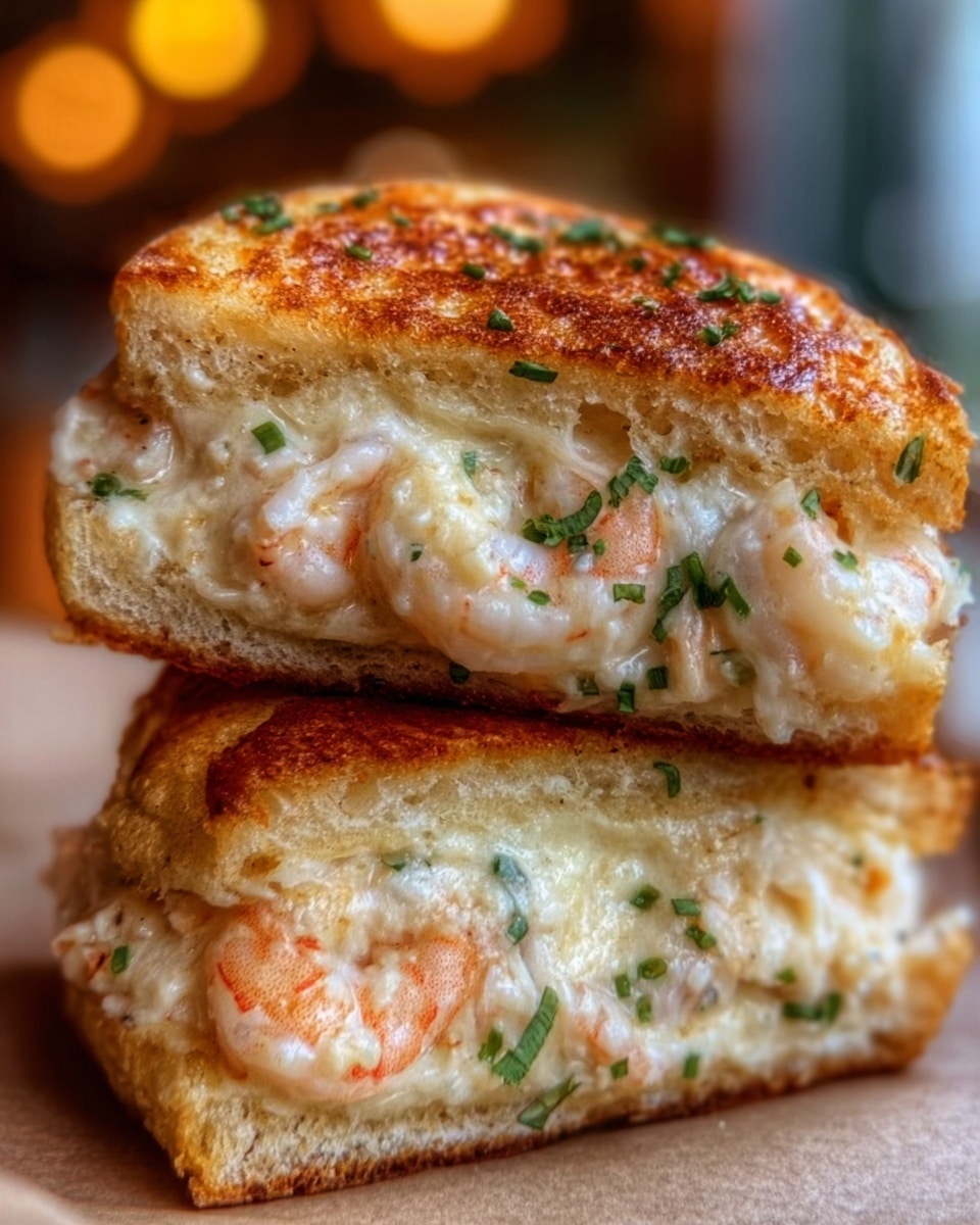 The image shows a close-up of a sandwich cut in half, stacked on top of each other. The sandwich has two golden brown toasted bread pieces with a slightly crispy, textured crust. Inside, there is a thick layer of melted white cheese mixed with small cooked shrimp, giving a creamy and slightly chunky texture. Small green herb bits are sprinkled within and on top of the cheese and shrimp mixture, adding a fresh look. The background is softly blurred with warm tones. photo taken with an iphone --ar 4:5 --v 7