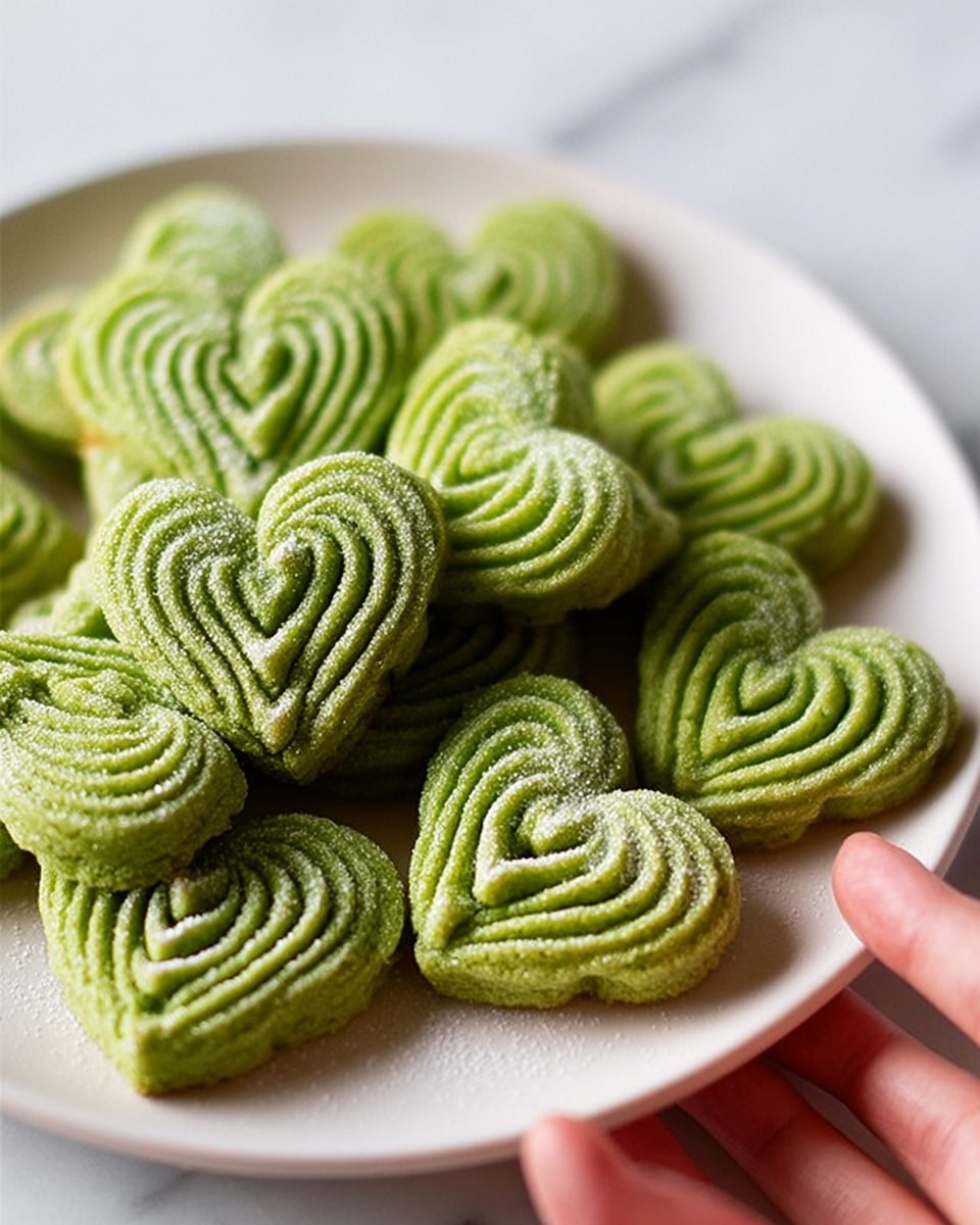 A white plate holds several green heart-shaped cookies with wavy, ridged texture on top, giving them a detailed, swirled look. The cookies are stacked and scattered over the plate, showing their light dusting of sugar crystals that sparkle slightly. The plate rests on a white marbled surface, enhancing the vibrant green color of the cookies. A woman's hand is reaching toward the plate, adding a natural, casual feel to the arrangement. photo taken with an iphone --ar 4:5 --v 7