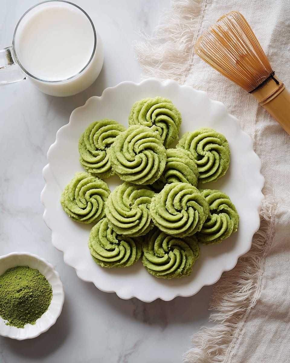A white scalloped plate holds a single layer of ten bright green swirl-shaped cookies arranged in a neat overlapping circle, each cookie showing a textured surface and distinct ridged swirls that look soft and crumbly. In the top left corner, a clear glass cup filled with white milk adds a smooth contrast. Near the bottom left, a small white bowl holds finely ground green powder, matching the color of the cookies. On the right side, a rounded bamboo whisk rests next to a soft off-white fringed cloth, all set on a clean white marbled surface. Photo taken with an iphone --ar 4:5 --v 7