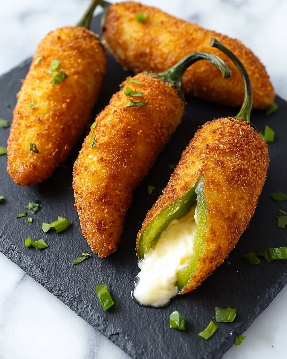Four deep-fried jalapeño peppers are placed on a black slate board on a white marbled surface. Each jalapeño is covered in a golden brown crispy coating. One jalapeño is cut open from the side, showing a bright green inner skin and a creamy white cheese filling inside. Small pieces of fresh green herbs sprinkle around the jalapeños for decoration. The peppers have dark green stems, and the texture of the fried coating looks crunchy and evenly browned. photo taken with an iphone --ar 4:5 --v 7