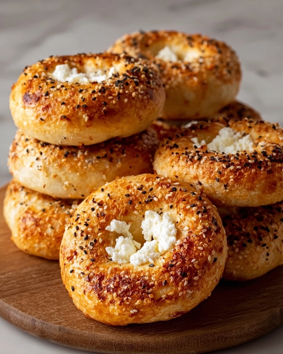 The image shows a close-up of four stacked bagels, with two bagels at the bottom and two leaning on them. Each bagel has a golden-brown crust with a slightly crispy texture, topped with a mix of black and white poppy seeds and small bits of toasted onion or garlic, giving a speckled and textured look. The bagels have a round shape with a central hole and a soft, fluffy interior slightly visible on the lower right side. The background is changed to a white marbled texture. photo taken with an iphone --ar 4:5 --v 7