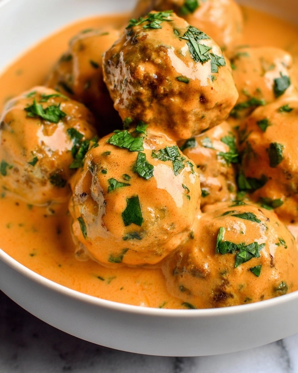 The image shows a close-up of several round meatballs covered in a smooth, creamy orange sauce with small green herbs mixed in and fresh green herb pieces sprinkled on top. The meatballs are densely packed and fully coated with the sauce, showing a thick texture that clings well to their surface. They are placed inside a white bowl sitting on a white marbled surface, giving a simple and clean look. The overall colors are warm with orange and green tones standing out against the white bowl. photo taken with an iphone --ar 4:5 --v 7