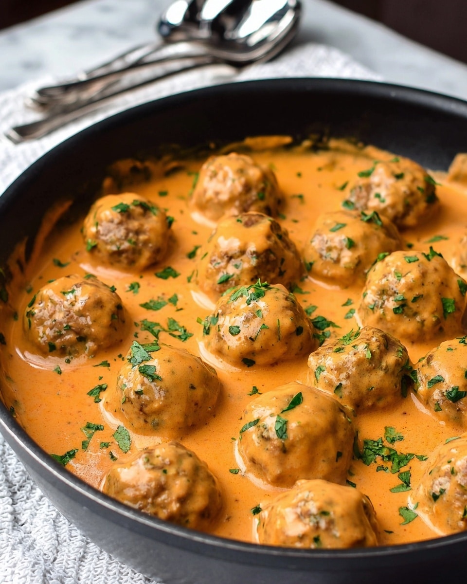 A close-up of a black pan filled with about fifteen round meatballs coated in thick, creamy orange sauce with green herb bits mixed in. The meatballs are arranged in layers, all covered by the sauce, which looks smooth and rich. Small chopped green herbs are sprinkled on top, adding a fresh contrast to the orange sauce. In the soft background, a white textured cloth and a pair of silver serving spoons rest on a white marbled surface. Photo taken with an iphone --ar 4:5 --v 7