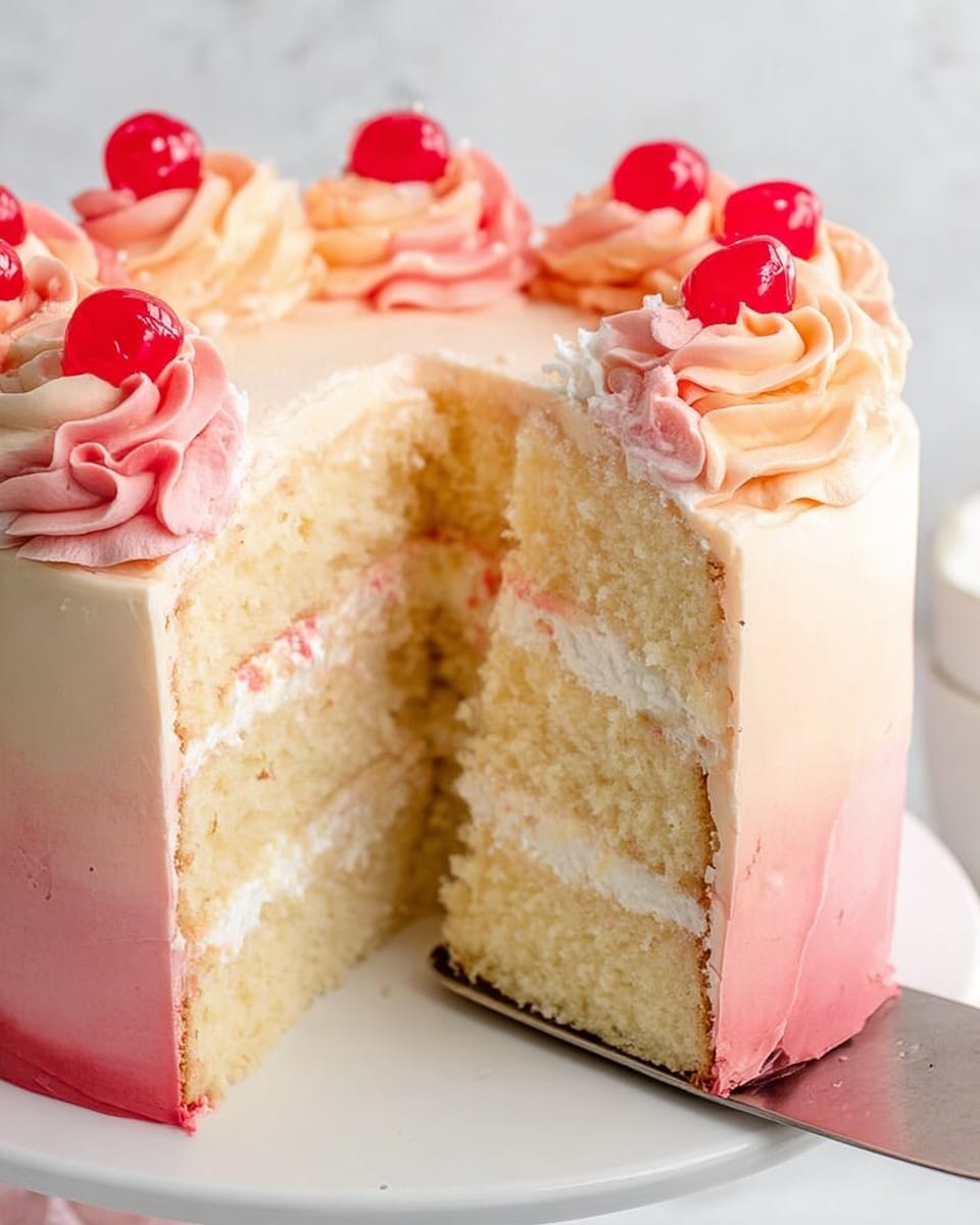 The image shows a two-layer round cake with light yellow sponge layers separated by a thin white cream filling. The outside of the cake is covered with smooth ombre frosting, fading from pink at the bottom to pale peach near the top. On the top edge of the cake, there are piped swirls of cream in soft peach and pale pink colors, each topped with a shiny, red cherry. A slice is being lifted from the cake with a metal spatula, revealing the layers and soft texture of the sponge. The cake sits on a white plate against a white marbled background. Photo taken with an iphone --ar 4:5 --v 7