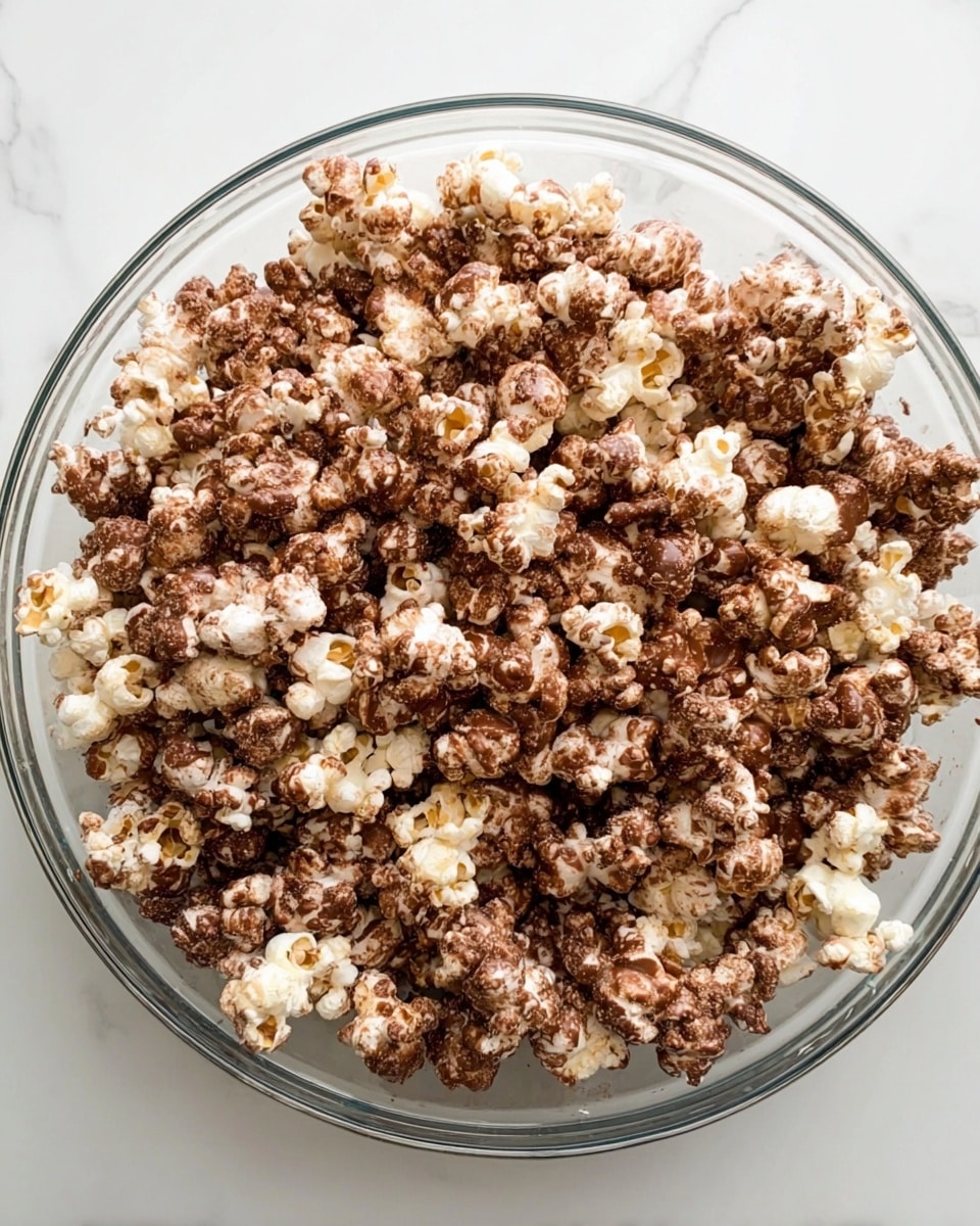 A clear glass bowl holds a large amount of popcorn, with each piece coated unevenly in a mix of white and various shades of brown, giving a speckled and textured look. The popcorn pieces are piled high, filling the bowl almost to the brim. The bowl sits on a surface with a white marbled texture that adds a clean and bright contrast to the dark brown and off-white popcorn colors. photo taken with an iphone --ar 4:5 --v 7