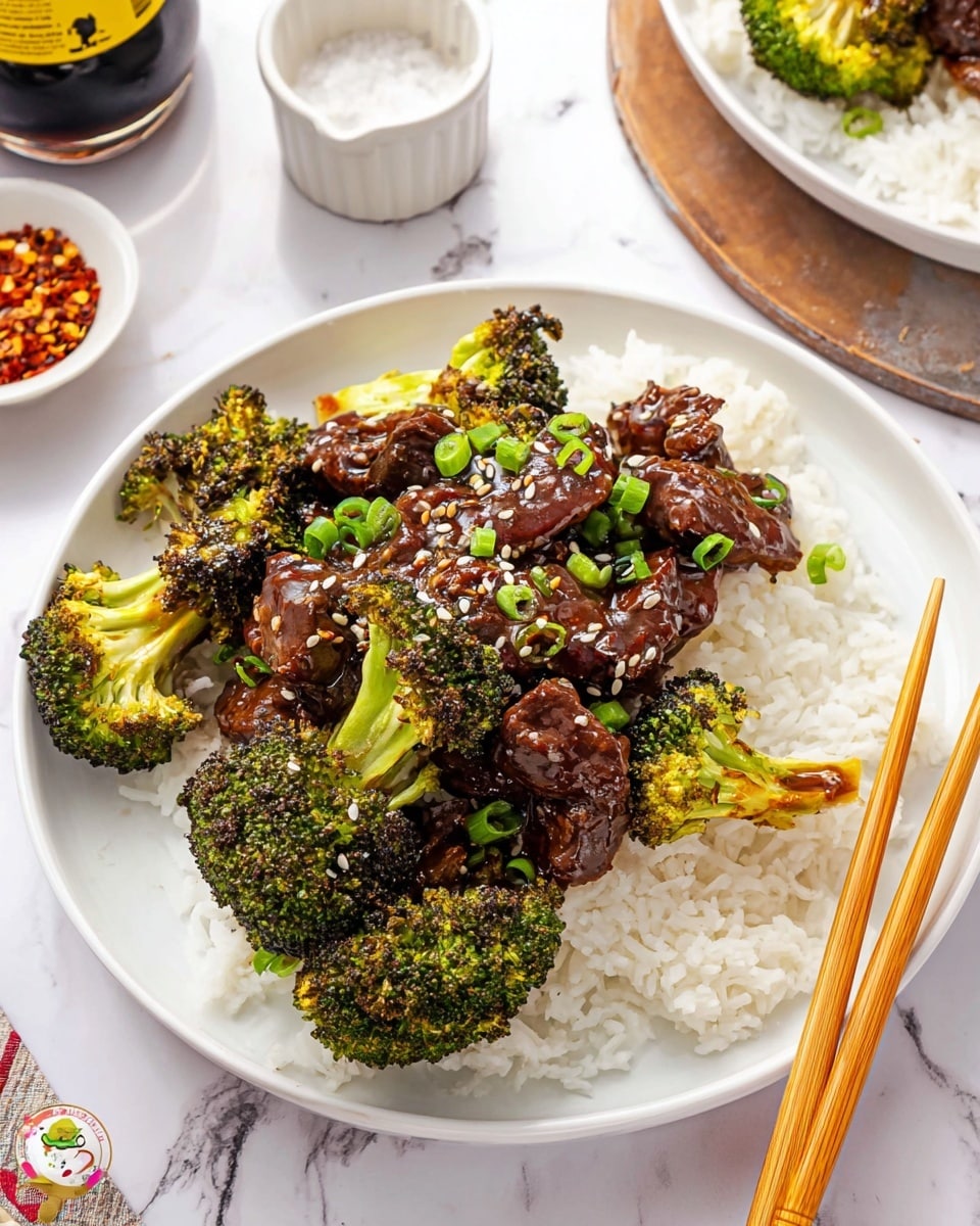 A white plate holds a bed of fluffy white rice as the bottom layer, topped with large pieces of charred green broccoli with some dark brown burned edges. On top of the broccoli is a layer of dark brown glossy beef slices covered in thick sauce, garnished with small green onion pieces and white sesame seeds. A pair of wooden chopsticks rests on the right side of the plate. In the background, there is a small white bowl with red and yellow spices, a white ramekin of salt, and a bottle of soy sauce, all set on a white marbled surface. photo taken with an iphone --ar 4:5 --v 7