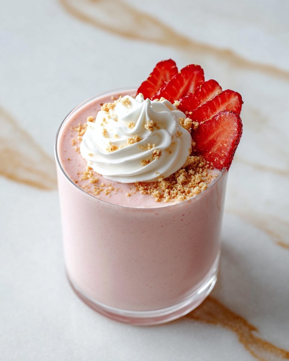 A clear glass filled with a smooth pale pink strawberry smoothie forms the base layer, topped with a swirl of white whipped cream in the center. Around the whipped cream, there are four red strawberry slices arranged in a fan shape on one side, with small light brown crumb sprinkles scattered near the strawberries. The glass sits on a white marbled surface with gold veins. photo taken with an iphone --ar 4:5 --v 7