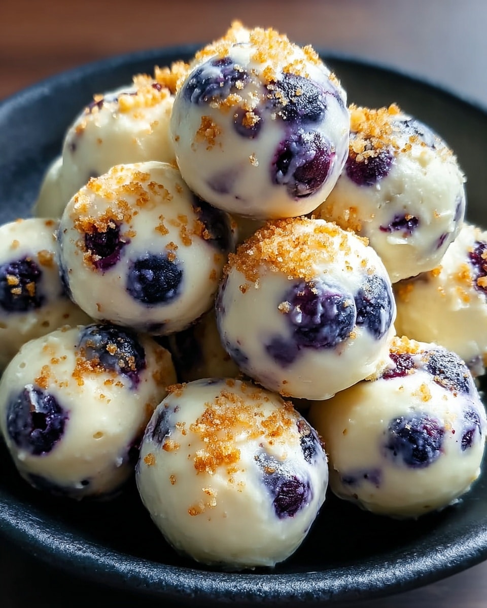 A close-up of a black bowl filled with round, small white balls that have whole blueberries mixed inside them, giving a speckled dark blue and white look. Each ball is coated with a creamy, slightly glossy white layer that looks smooth and soft, with golden brown crumbs sprinkled on top. The balls are stacked closely together, creating a textured cluster with spots of dark blue from the blueberries standing out against the pale white surface. The bowl rests on a white marbled texture surface. photo taken with an iphone --ar 4:5 --v 7