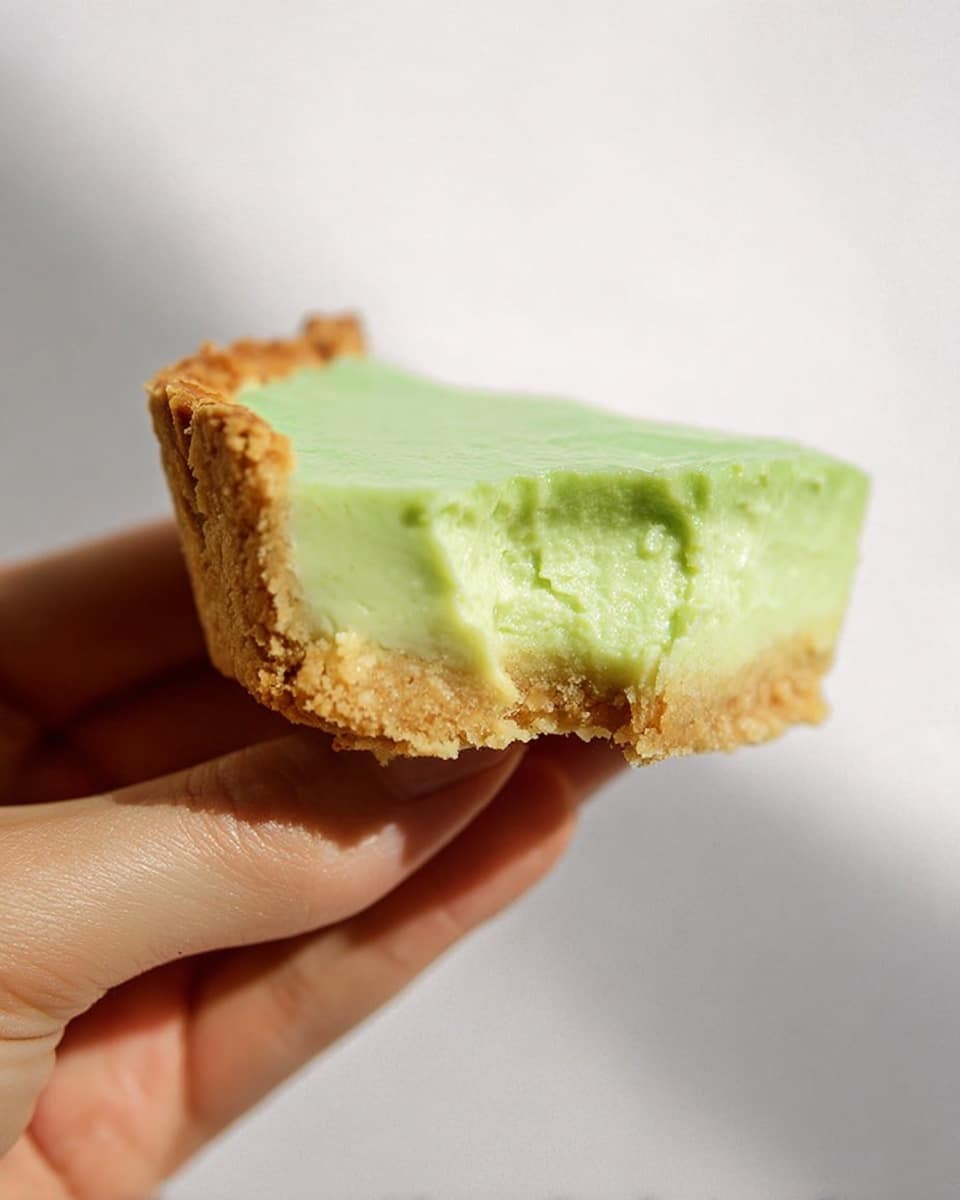 A close-up of a woman's hand holding a slice of green custard tart with a rough thick crust at the bottom that is light brown and crumbly, topped by a dense smooth pale green layer of custard that looks creamy with a small bite taken from the front corner. The crust forms a thicker outer edge around the tart slice. The background is plain white, with the lighting highlighting the shiny texture of the green custard. Photo taken with an iphone --ar 4:5 --v 7