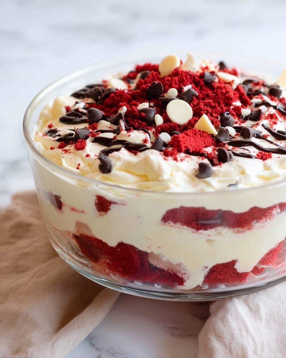 A clear glass bowl filled with layered dessert sits on a white marbled surface with a beige cloth nearby. The dish has at least three visible layers: the bottom layer is red cake pieces, followed by a thick creamy white layer, and a top fluffy white layer. The top is decorated with scattered dark chocolate chips, white chocolate chips, small chunks of red cake crumbs, and drizzles of dark chocolate sauce. The textures range from smooth cream to soft cake crumbs, giving a rich and colorful look. Photo taken with an iphone --ar 4:5 --v 7