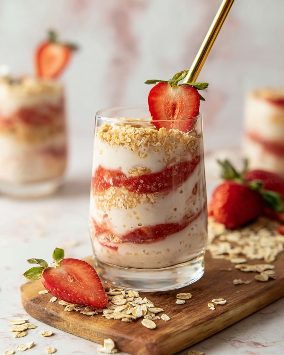 A clear glass shows a layered dessert with three main layers: a creamy white base mixed with oats, a middle layer of thinly sliced red strawberries, and a top layer of crushed light brown crumbs. The dessert is garnished with a fresh red strawberry slice, complete with green leaves, resting on top, and a golden straw inserted into the glass. The glass is placed on a wooden board scattered with oat flakes and a halved strawberry. The background features a soft white marbled texture with blurred similar glasses and ingredients. photo taken with an iphone --ar 4:5 --v 7