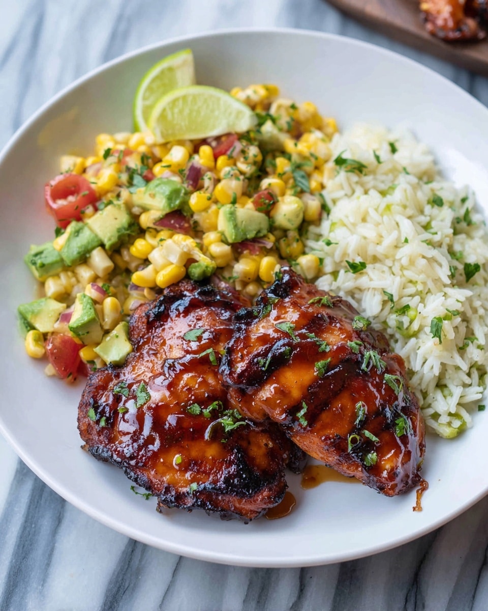 A white plate holds three main layers of food: in the front, two glossy, glazed grilled chicken pieces with a dark brown, slightly charred texture; behind the chicken, a bed of fluffy white rice mixed with bits of green herbs; to the left, a colorful corn salad with yellow corn kernels, green diced avocado, red tomato chunks, and scattered herbs, topped with a lime wedge resting at the back edge. The dish sits on a white marbled surface. photo taken with an iphone --ar 4:5 --v 7