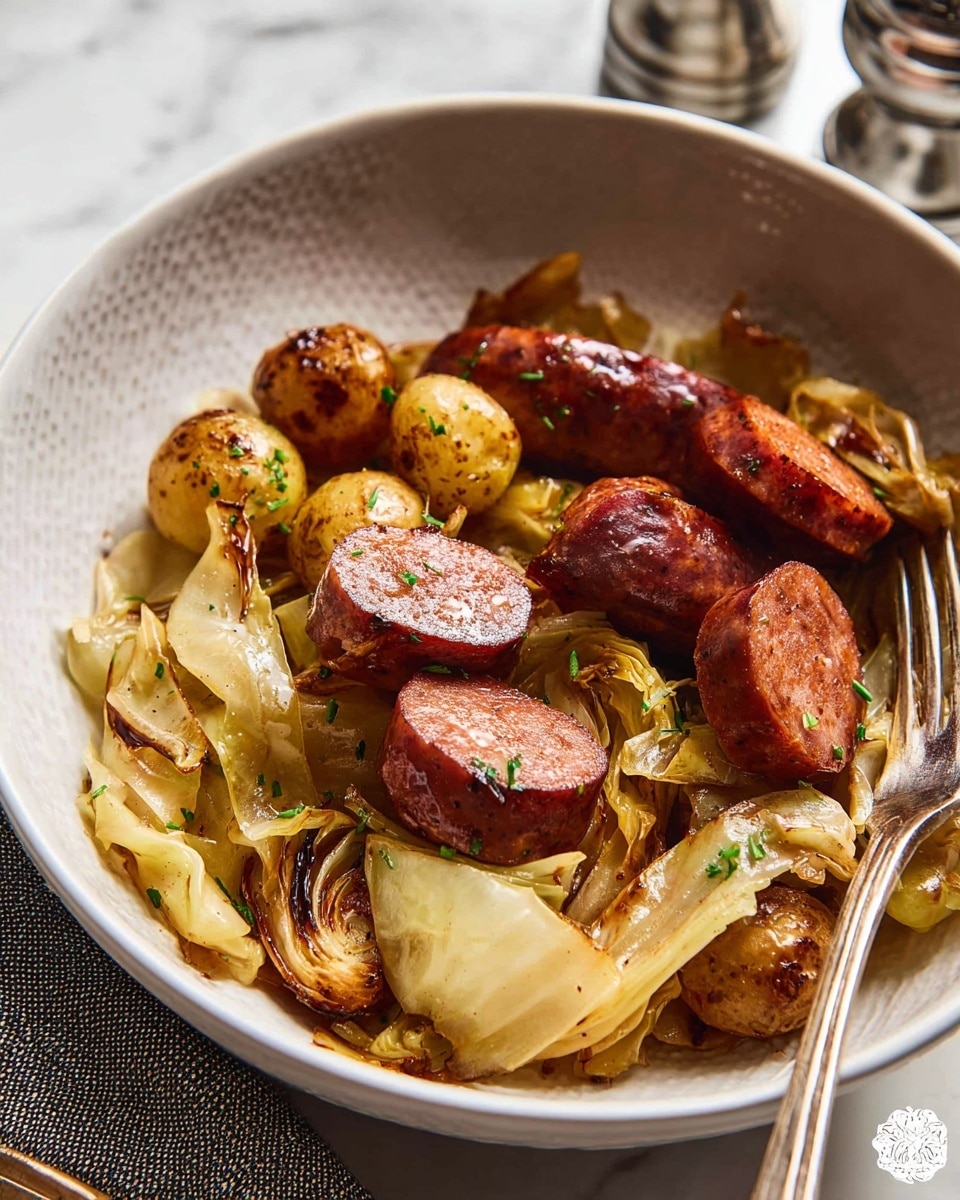 This close-up image shows a bowl filled with several thick slices of browned, juicy sausage with a shiny texture on top, mixed with cooked cabbage pieces that are light yellow with some brown edges, and golden-brown small roasted potatoes with a slightly crispy skin, all sprinkled with small green herb bits. The bowl itself is white with a subtle textured pattern. A silver fork rests inside the bowl on the right side. The scene sits on a white marbled surface with part of a salt and pepper shaker visible in the background. photo taken with an iphone --ar 4:5 --v 7