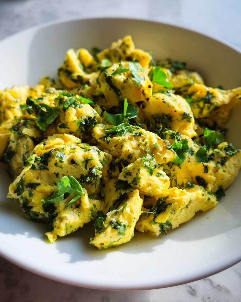 A close-up view of a white bowl filled with scrambled eggs mixed with finely chopped green herbs, giving the eggs a speckled green and yellow look. The scrambled eggs are fluffy with irregular chunks, textured with small pieces of dark green spinach or parsley throughout. The herbs add fresh green highlights and some small leaves are scattered on top. The bowl rests on a white marbled surface with soft natural light shining from the side, casting gentle shadows around the eggs. photo taken with an iphone --ar 4:5 --v 7