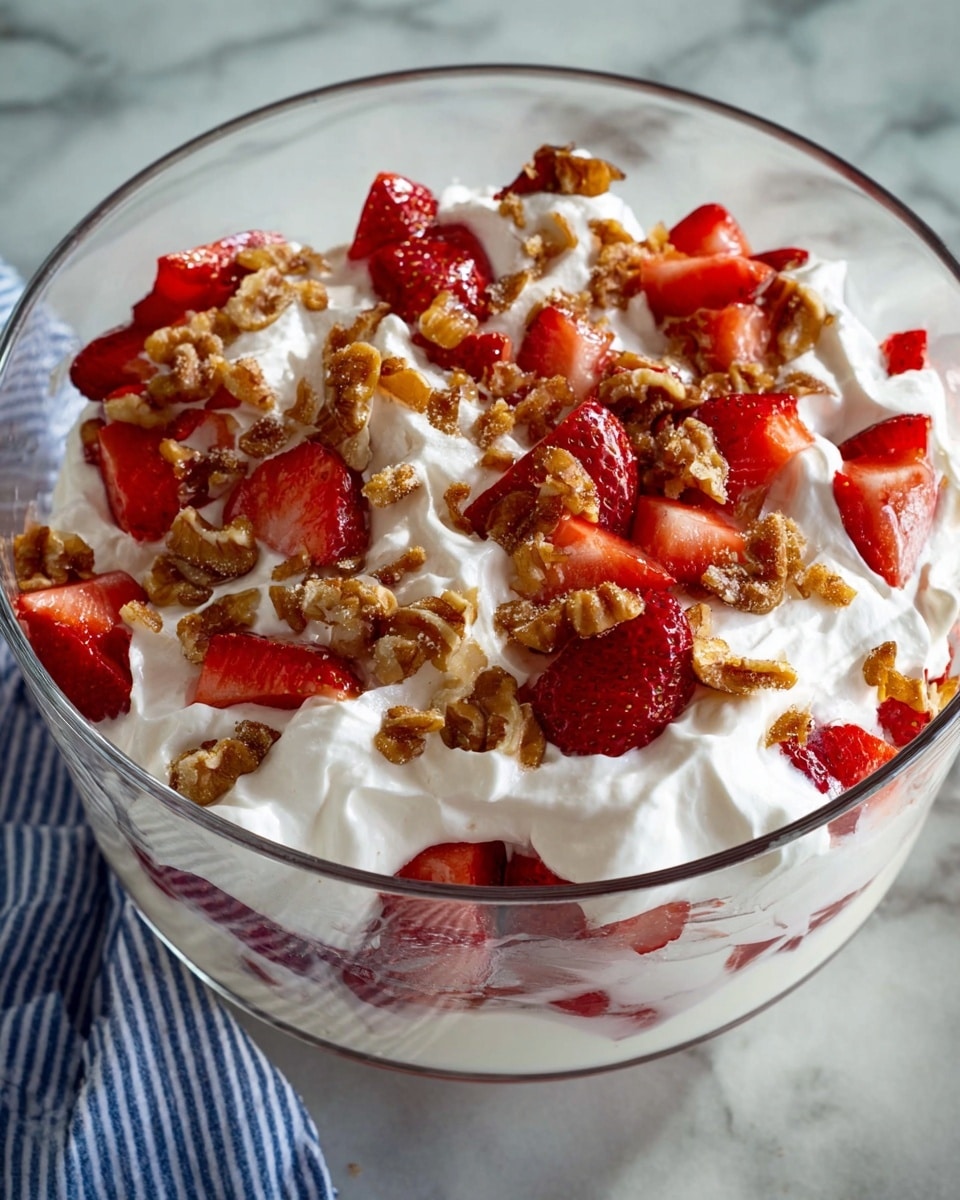 The dish is a clear glass bowl filled with three main layers. The bottom layer is made of fresh red strawberry halves with a juicy texture. The middle layer is thick white whipped cream, generously spread over the strawberries. The top layer consists of crunchy light brown walnut pieces scattered unevenly along with more strawberry halves, some covered lightly with whipped cream. The background shows a white marbled texture surface, with part of a blue and white striped cloth visible on one side. photo taken with an iphone --ar 4:5 --v 7