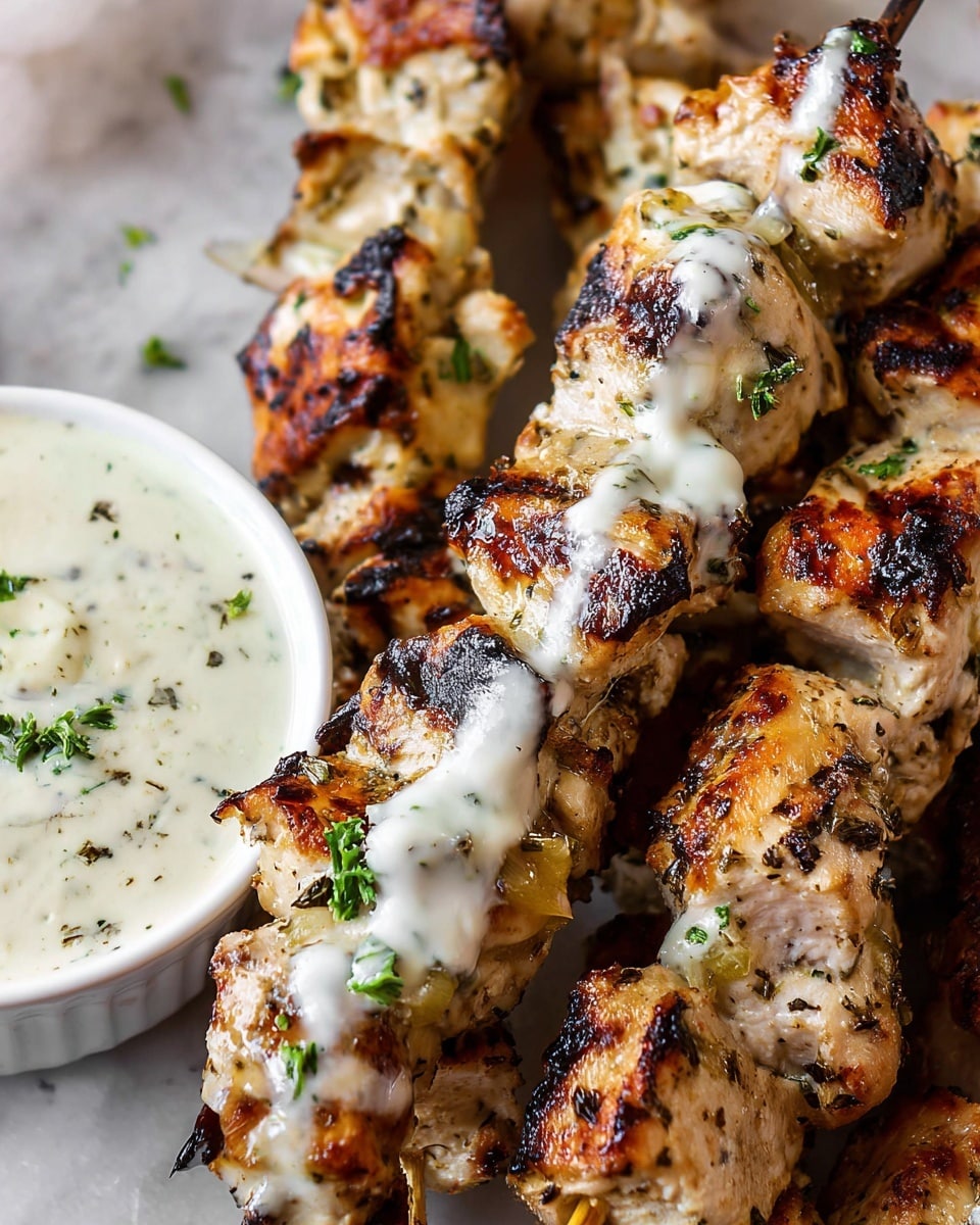 The image shows close-up of grilled chicken skewers with creamy white sauce. Each skewer has four to five thick, juicy chicken pieces, browned and charred in places, with green herb bits sprinkled on top. The chicken looks moist with a slightly creamy texture from the sauce. Next to the skewers is a small white bowl filled with more of the creamy sauce, garnished with green herbs. The background is a white marbled texture. Photo taken with an iphone --ar 4:5 --v 7