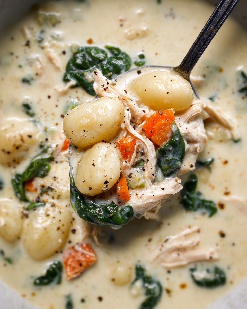 A close-up view of a creamy soup showing three main layers: the thick white sauce that is smooth and creamy covering everything; tender gnocchi pieces that are pale yellow and soft, scattered throughout; and shredded chicken mixed with small chunks of orange carrots and dark green spinach leaves, all mixed evenly within the soup. The spoon holds a rich serving of gnocchi, chicken strands, carrot bits, and spinach, all coated in the creamy sauce with some black pepper sprinkled on top. The photo is taken on a white marbled surface, with natural lighting highlighting the textures and colors. photo taken with an iphone --ar 4:5 --v 7