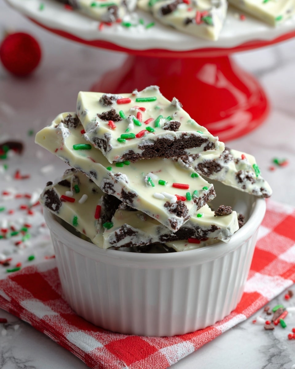 The image shows several pieces of layered cookies and cream bark with three visible layers: the bottom layer is dark with cookie pieces, the middle and top layers are smooth white chocolate mixed with more cookie crumbs, and there are red, green, and light green sprinkles scattered on top of the white chocolate layer. The bark pieces are placed inside a white ribbed bowl and the bowl itself is surrounded by a white marbled surface with some sprinkles scattered around it. In the background, there is a white cake stand with a red edge holding more bark pieces, and a red-and-white checkered cloth is partially visible. Photo taken with an iphone --ar 4:5 --v 7