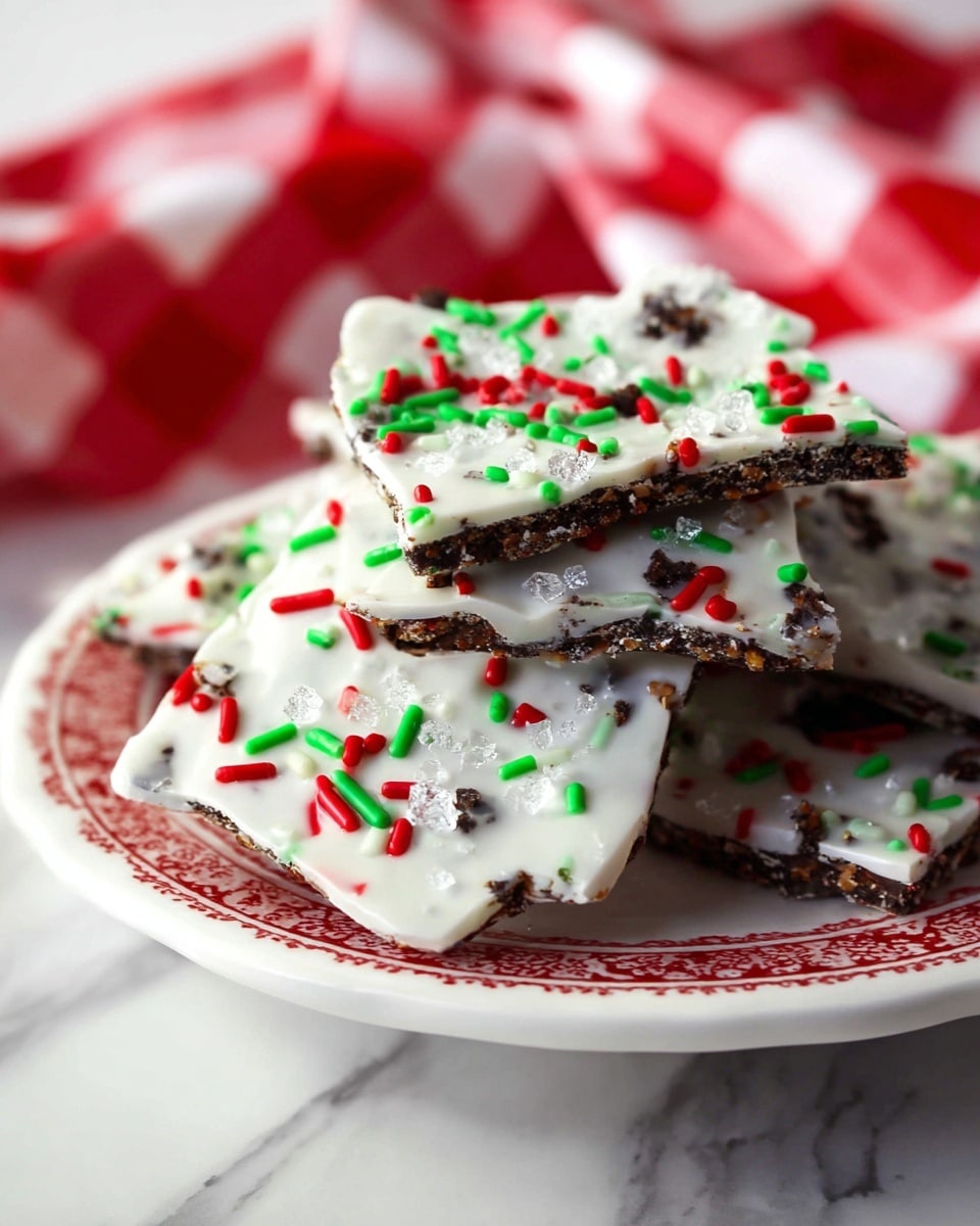 A white plate with a red decorative edge holds several pieces of a layered bark treat. Each piece has two visible layers: a bottom layer of dark, crumbly cookie pieces and a thick top layer of smooth white coating covered with red, green, and light green cylindrical sprinkles and small clear sugar crystals. The bark pieces are irregularly shaped and stacked slightly on top of each other. In the background, a red and white checkered cloth is softly out of focus on a white marbled surface. Photo taken with an iphone --ar 4:5 --v 7