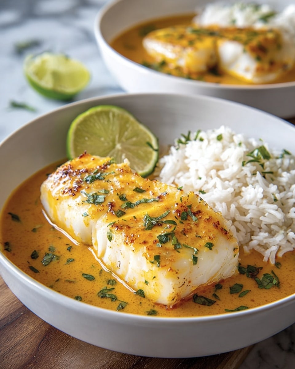 A white bowl holds two pieces of cooked white fish fillets with light brown edges, covered in an orange-yellow sauce sprinkled with small green herb leaves. The fillets rest partly on a bed of fluffy white rice, which is positioned to the right side of the bowl. A small wedge of lime is placed on top of the rice near the fish. The bowl is set on a white marbled surface. In the background, another similar bowl with the same dish is slightly blurred. photo taken with an iphone --ar 4:5 --v 7