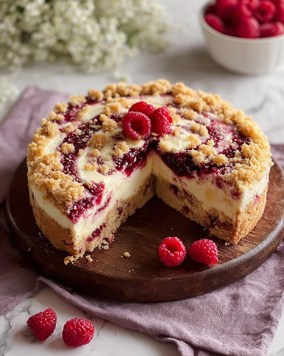 A round berry crumb cake is shown on a dark wooden round board placed on a light purple cloth over a white marbled surface. The cake has three visible layers: a crumbly light brown base, a thick creamy white middle layer, and a topping with swirling red berry jam and golden crumb pieces covering the top unevenly. A single slice is cut out, showing the layers clearly, and three fresh red raspberries sit on top near the cut edge. Two raspberries are placed beside the cake on the white marbled surface, with a white bowl of more berries blurred in the background along with small white flowers. photo taken with an iphone --ar 4:5 --v 7
