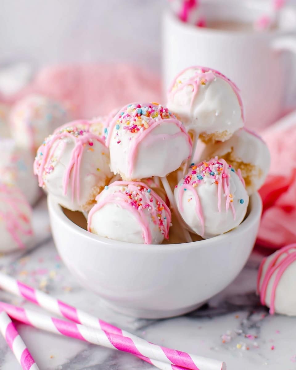 A white bowl filled with round cake pops, each coated in smooth white icing with pink drizzle on top. The cake pops are decorated with small colorful round sprinkles scattered over the pink drizzle. Some cake pops show a crumbly texture under the icing, giving a layered effect of white smoothness and soft crumb. The bowl sits on a white marbled surface, surrounded by pink and white striped straws, and a blurry drink in a white cup in the background. photo taken with an iphone --ar 4:5 --v 7
