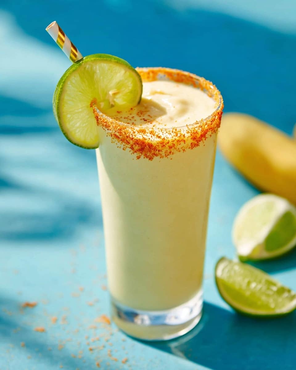 A tall clear glass filled with a creamy pale yellow smoothie that has a smooth and slightly frothy texture on top. The rim of the glass is coated with a rough orange-colored spice mix, adding a crunchy detail. A thin, bright green lime slice is placed on the glass edge, showing its juicy and fresh inside. A white and gold striped paper straw leans inside the glass, completing the refreshing look. The glass stands on a light blue surface, with a partially visible banana and lime wedge to the right, creating a bright and sunny setting. photo taken with an iphone --ar 4:5 --v 7