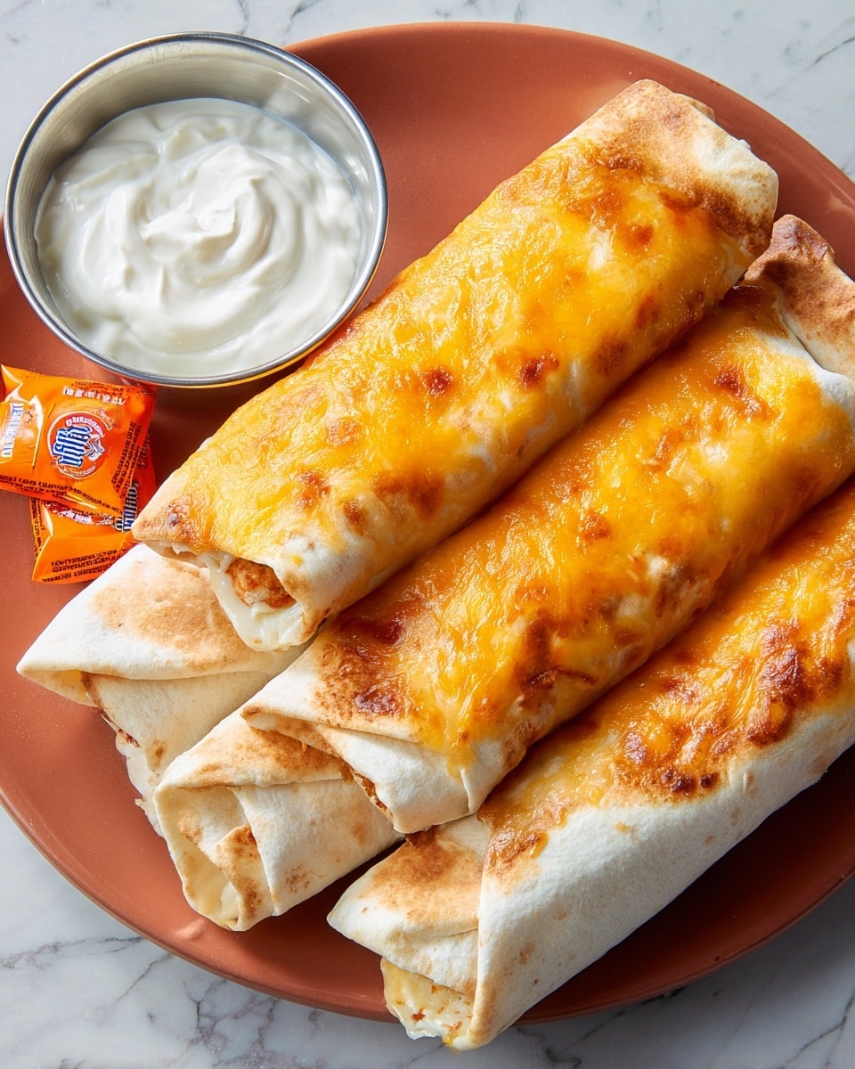 A white plate holds four golden-brown burritos with melted cheese crusts on top, each burrito wrapped tightly with a soft, light beige tortilla visible on the ends. The melted cheese forms a crispy, slightly uneven layer with a rich orange-yellow color covering most of the top surface of each burrito. Next to the burritos, a small metal bowl contains smooth, white sour cream with soft swirling patterns on the surface. Two small orange hot sauce packets are placed near the bowl, all set on a white marbled texture background. photo taken with an iphone --ar 4:5 --v 7