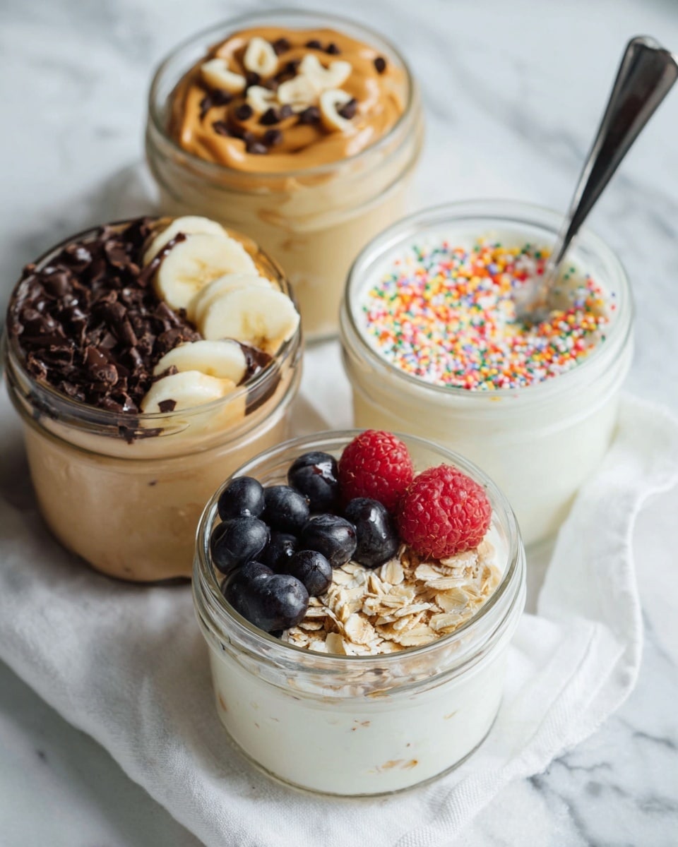 The image shows four clear glass jars of different smooth desserts or yogurts placed on a white marbled surface with a white cloth beneath some jars. The jar closest is topped with fresh blueberries and raspberries on one half, and granola with oats on the other half, showing a thin layer of creamy white base inside. Behind this, a jar has layers of beige creamy base, topped on one side with peanut butter and chocolate chips, and sliced banana pieces on the other side. To the left, another jar is filled with a thick light brown base, covered halfway with a dark chocolate layer and decorated with crushed black cookies and whole hazelnuts on top. In the background, the fourth jar is creamy off-white, topped with colorful round sprinkles and a silver spoon resting inside. Photo taken with an iphone --ar 4:5 --v 7