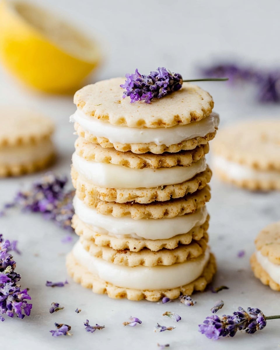 A stack of five round, light beige cookies with scalloped edges, each cookie separated by a layer of smooth, white cream filling. The top cookie is decorated with a small sprig of purple lavender flowers. Around the stack on a white marbled surface, there are scattered lavender sprigs and a sliced yellow lemon in the background, adding soft pastel colors. The cookies have a slight crumbly texture with visible small brownish flecks. Photo taken with an iphone --ar 4:5 --v 7