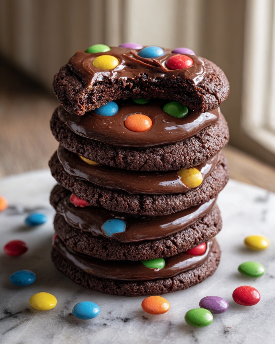 A tall stack of five thick, dark brown chocolate cookies is shown, each separated by a smooth layer of shiny chocolate spread. The top cookie has a bite taken out, revealing its soft, moist inside. Colorful candy-coated chocolates in red, yellow, orange, blue, green, and purple are scattered on top of each chocolate layer and around the stack. The stack is on a white marbled surface with soft natural light coming from a window in the background, creating a cozy and inviting mood. Photo taken with an iphone --ar 4:5 --v 7