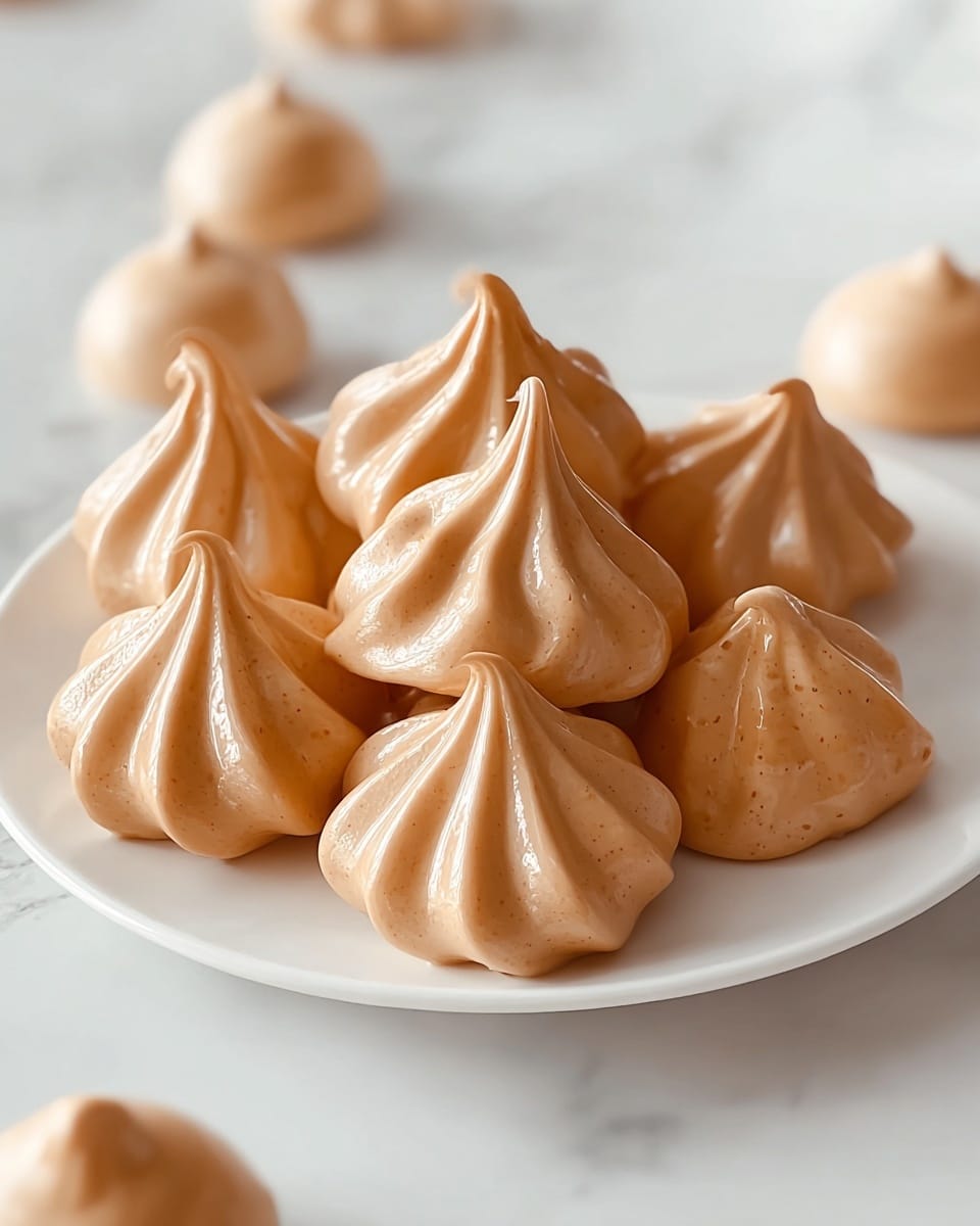 A group of shiny, caramel-colored meringue-like sweets with smooth, glossy surfaces are piled together on a clean white plate. Each sweet has a swirled, pointed top with soft ridges running down the sides, creating a star-shaped look. The plate is set on a white marbled surface with a few similar caramel-colored pieces scattered out of focus in the background, giving a warm and inviting feeling. photo taken with an iphone --ar 4:5 --v 7