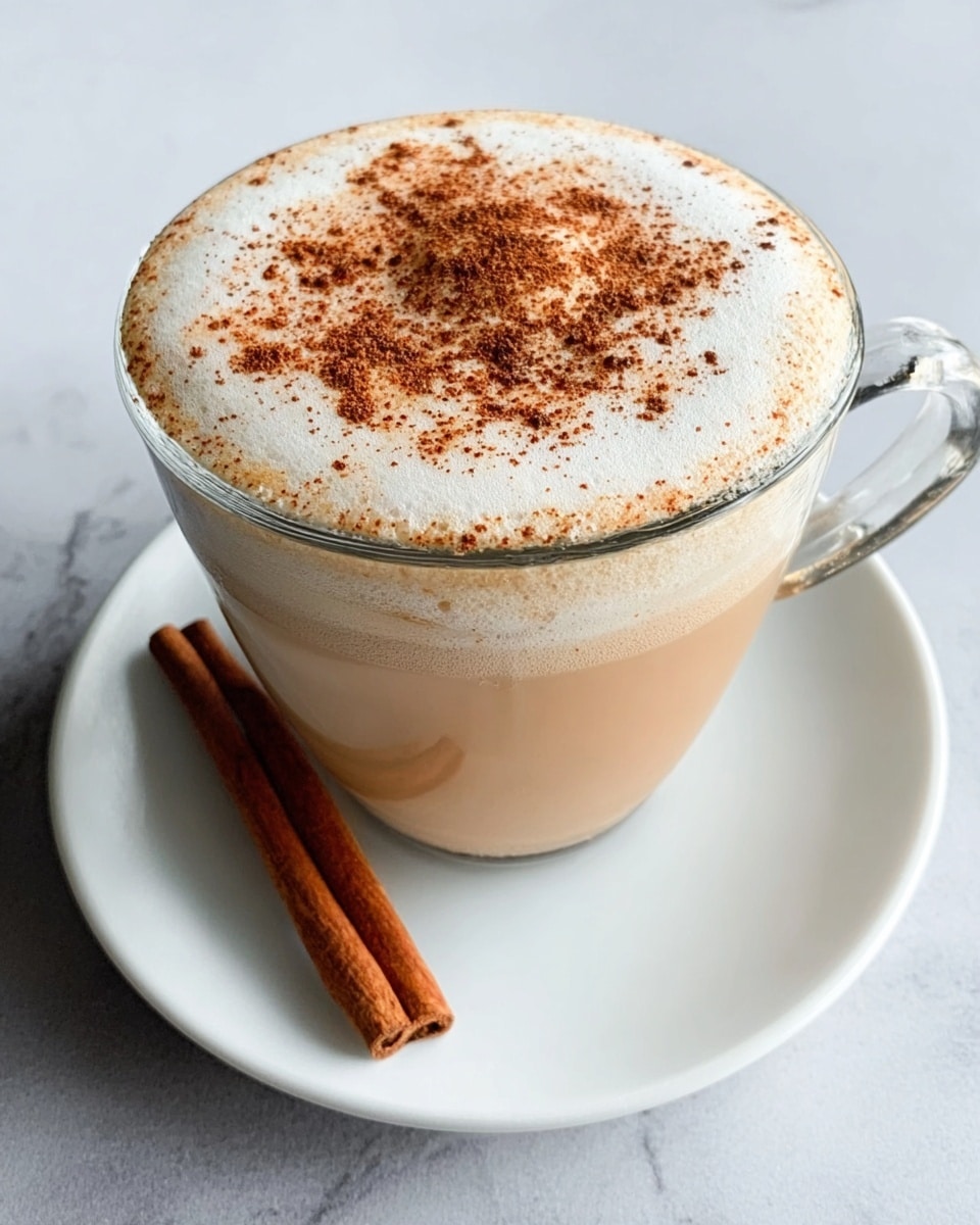 A clear glass cup filled with a creamy light brown chai latte topped with a thick layer of white frothy foam sprinkled evenly with brown cinnamon powder. The cup sits on a plain white saucer, which holds a single cinnamon stick resting at the side. The background is a white marbled surface, creating a clean and soft contrast. Photo taken with an iphone --ar 4:5 --v 7