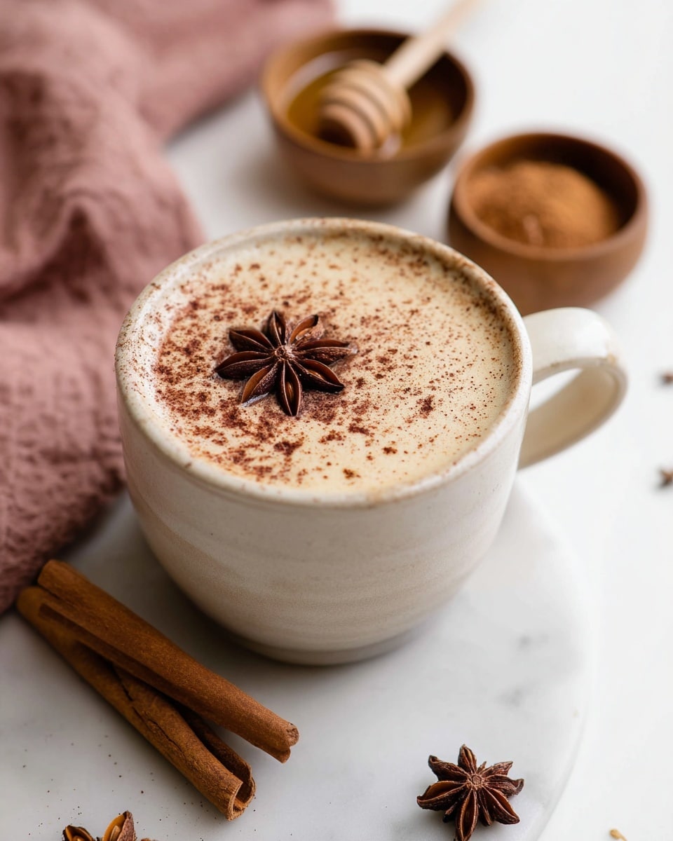A round white cup with a smooth curved handle filled with a creamy light beige drink topped with a layer of light brown sprinkled powder and a brown star anise placed on top. The cup sits on a white marbled surface with a small bundle of cinnamon sticks and a single star anise beside it. In the background, there are two small wooden bowls, one containing a honey dipper and the other filled with ground cinnamon. A soft dusty rose cloth is blurred softly in the back. Photo taken with an iphone --ar 4:5 --v 7