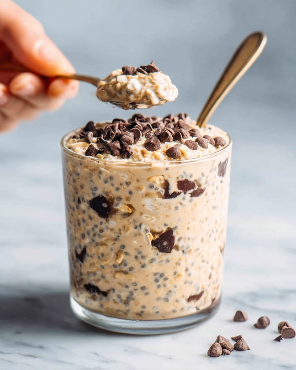 The image shows a clear glass filled with a creamy oatmeal dish, layered with small dark chocolate chips mixed evenly throughout. The oatmeal has a light beige color with visible chia seeds giving it a speckled texture. On top, there is a generous layer of oatmeal topped with more chocolate chips. A spoon is inserted into the glass, held by a woman's hand, with a white marbled background. photo taken with an iphone --ar 4:5 --v 7