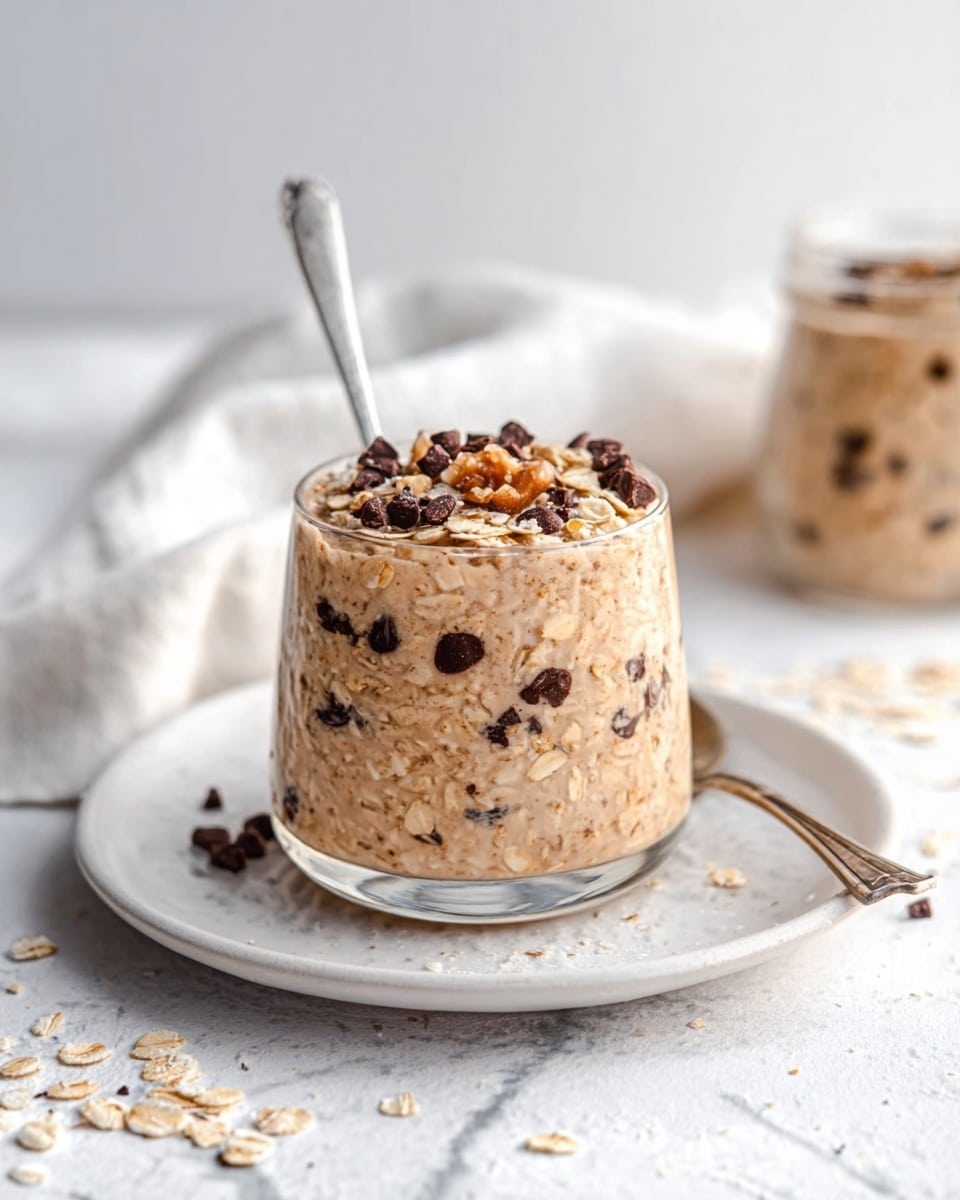 The image shows a small clear glass jar filled with three layers of oatmeal mixed with chocolate chunks. The oatmeal has a creamy light brown color with dark brown chocolate pieces scattered throughout. On top, there is a sprinkle of rolled oats and small bits of walnuts. The jar sits on a plain white plate with a silver spoon placed inside the jar. The background is a white marbled surface with a white cloth and another jar with more oatmeal blurred behind. Some oats are scattered around the plate. Photo taken with an iphone --ar 4:5 --v 7
