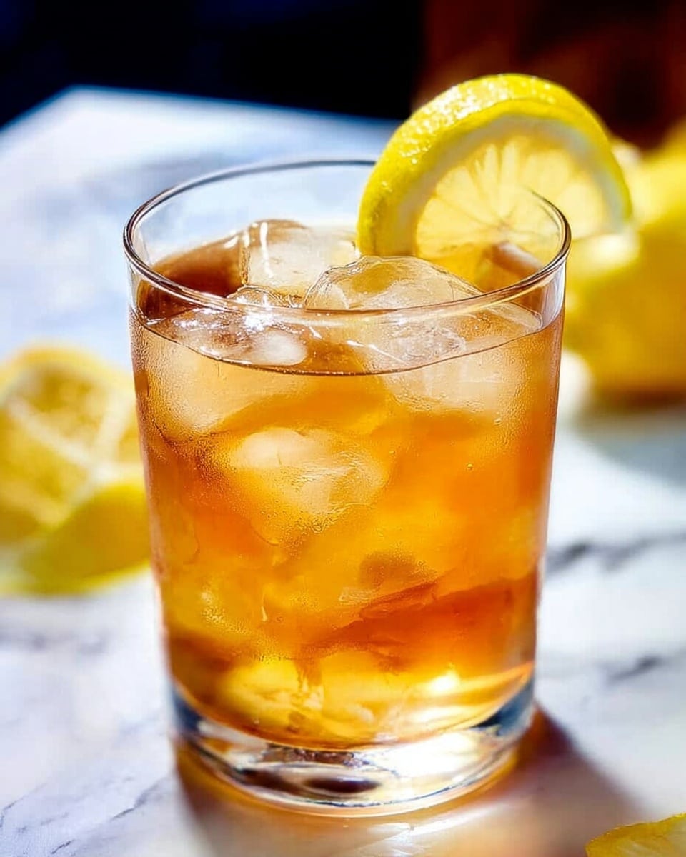A clear short glass is filled with amber-colored iced tea with several clear ice cubes floating on top. Inside the drink near the bottom, there is a thin bright yellow lemon slice adding a splash of color. Another lemon slice is perched on the rim of the glass, showing its bright yellow skin and juicy inner texture. The drink glass sits on a white marbled surface with blurred yellow lemon halves and a hint of dark background shapes behind it. The lighting highlights the condensation on the outside of the glass, making the drink look cool and refreshing. photo taken with an iphone --ar 4:5 --v 7