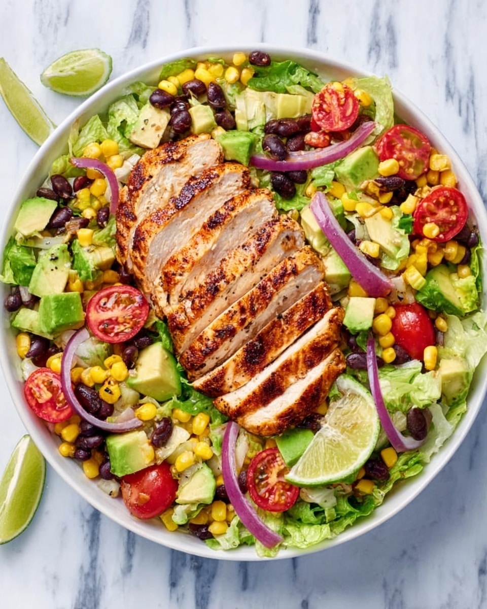 A white bowl filled with sliced grilled chicken breast placed in the center on top of a bed of chopped lettuce. Around the chicken, there are colorful layers of cherry tomato halves, diced avocado pieces, yellow corn kernels, and black beans. Thinly sliced red onion rings and small lime wedges are scattered on top and around the chicken, with the whole bowl sitting on a white marbled surface. Photo taken with an iphone --ar 4:5 --v 7
