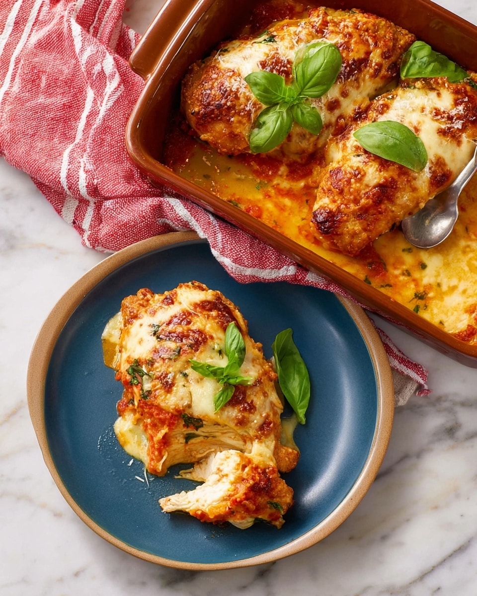 The image shows a baked dish with two pieces of chicken covered in melted, golden-brown cheese and a rich tomato sauce, garnished with fresh green basil leaves on top. One piece is served on a blue plate, revealing layers of slightly crispy, golden base with cheese and sauce on top, while the other pieces remain in a brown baking dish full of creamy sauce. The background is a white marbled surface with a red and white striped cloth beside the baking dish. photo taken with an iphone --ar 4:5 --v 7